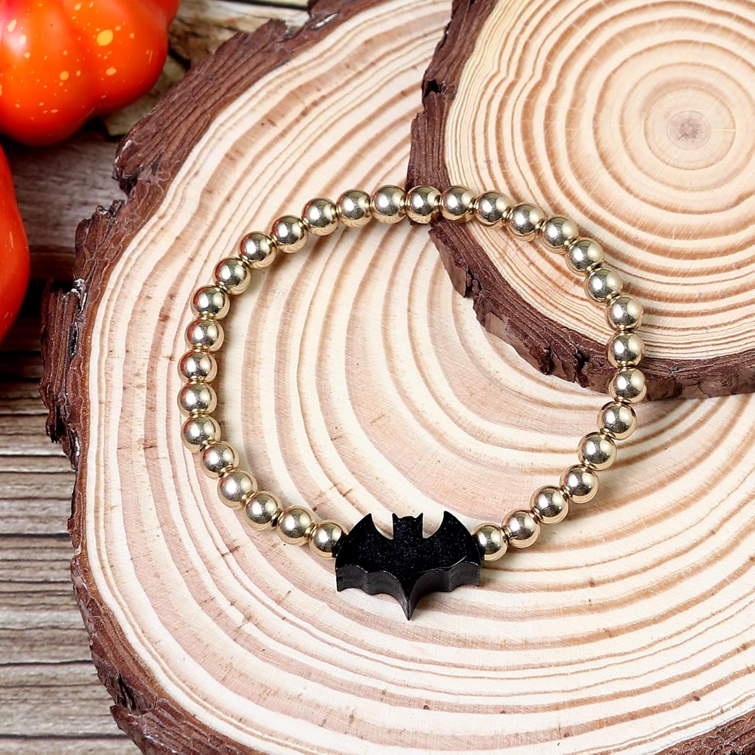 Pingyongchang Halloween Gold Beaded Bracelets Wooden Pumpkin Ghost Bat Spider Beads Stretch Bracelet Funny Halloween Holiday Party Gifts for Women - Image 3