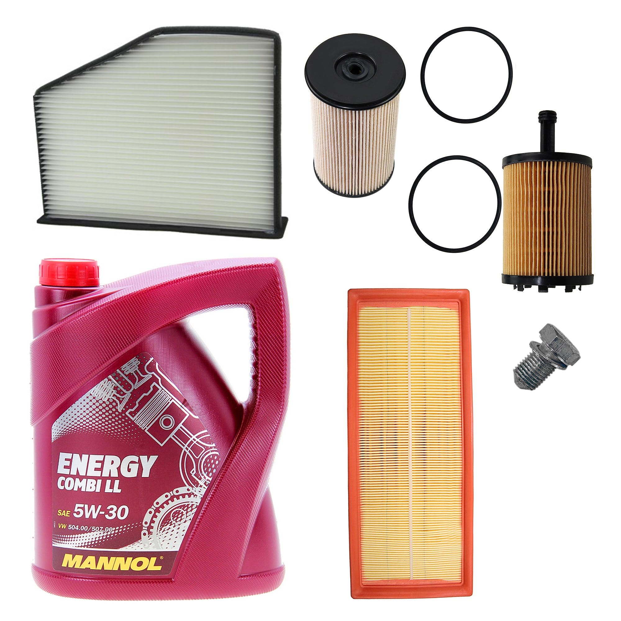 BESTPRICE Inspektionspaket Filterset mit 1x Luftfilter, 1x Innenraumfilter (Pollenfilter), 1x Ölfilter, 1x Kraftstofffilter, 1x Ölablassschraube inkl. Dichtring, 5l Motoröl 5W-30 EUROLUB