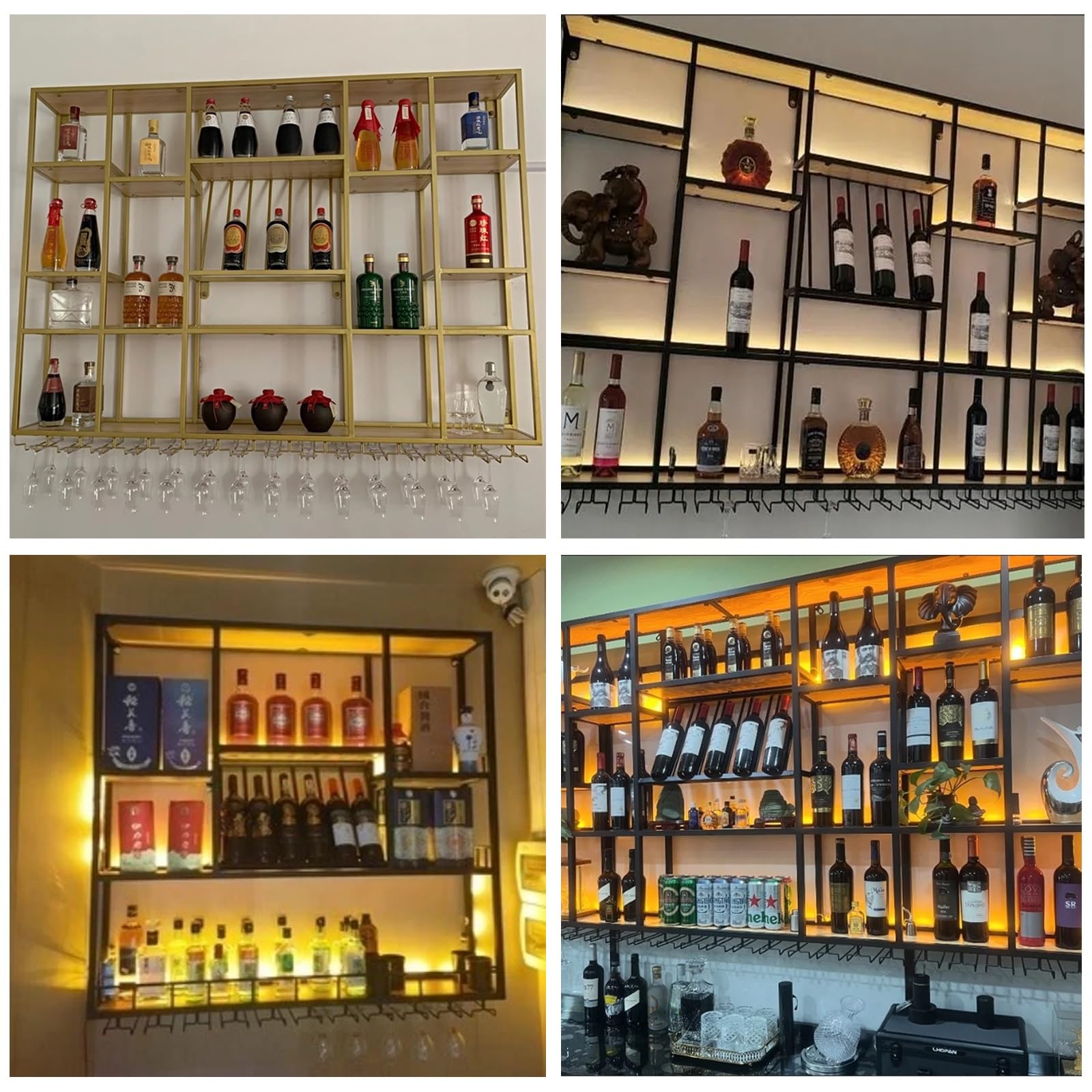 Portabottiglie da parete con luce a LED, 198,1 cm, in metallo, elegante contenitore per casa, bar, design salvaspazio, perfetto per gli amanti del vino e gli appassionati di decorazione.