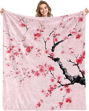 Aimego Cherry Blossom Blanket Gifts for Girls Women Floral Sakura Flowers Pink Blankets for Kids Japanese Cherry Blossom Throw Blankets for Sofa Living Room Bedroom50X60 Inch