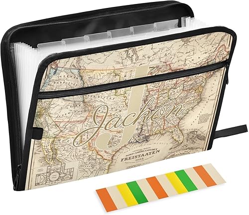 Organizador de archivos de acordeón personalizado de mapa del mundo retro vintage con 13 bolsillos expandibles para documentos con etiquetas y
