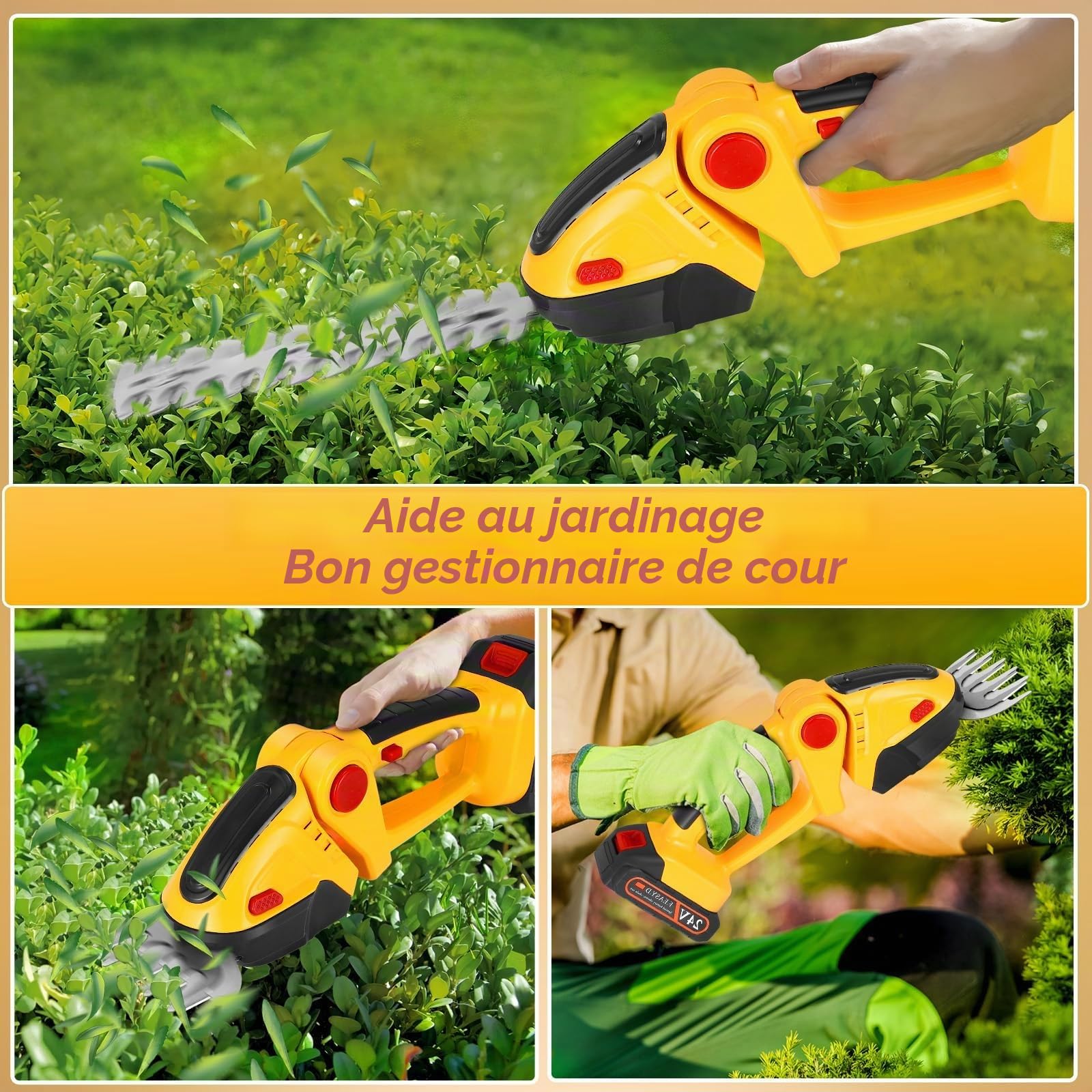 Cisaille à Gazon sans Fil, 2 en 1 Taille Haie Electrique avec 2 Lames, Longueur de Lame : 22 cm (Arbustes) / 13,2 cm (Herbe), Batterie 1500mAh et Type C, Sculpteur de Végétaux pour Couper Les Haies