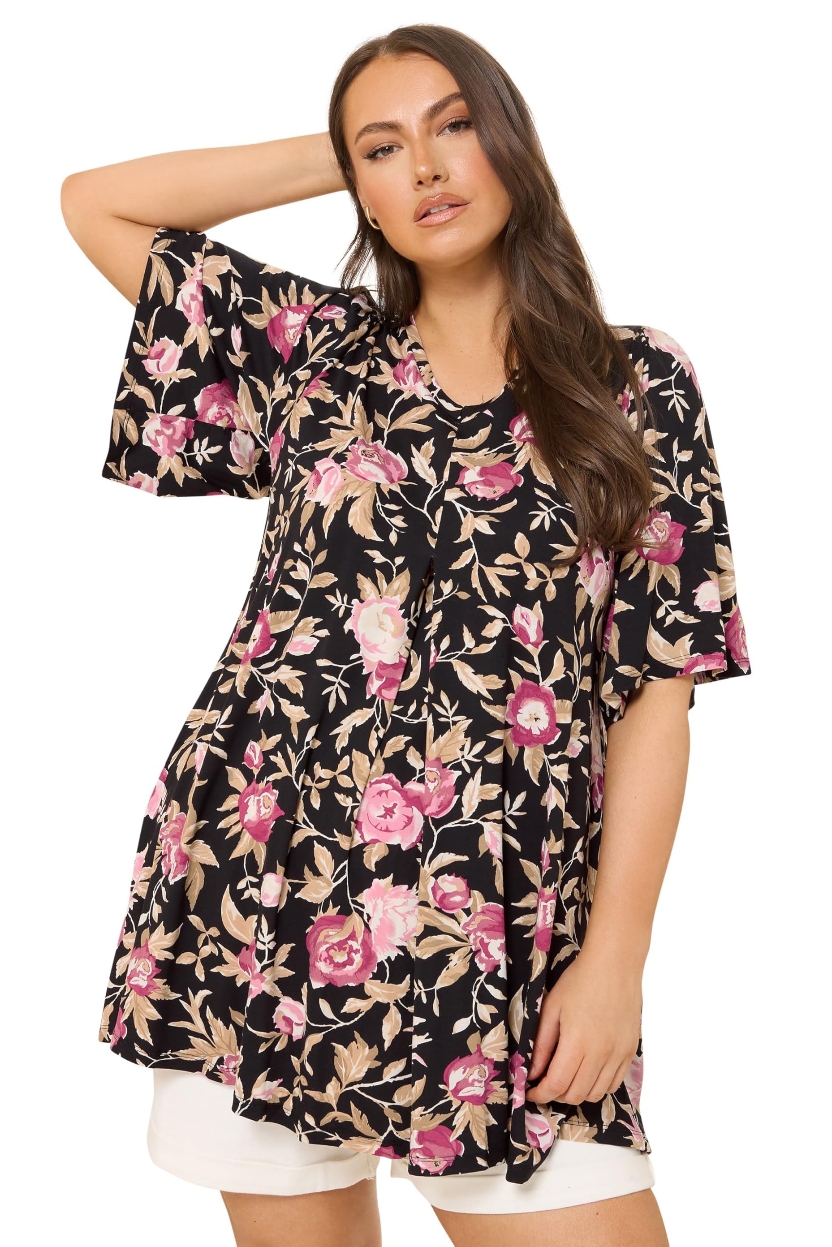 Yours Curve Floral Pleat Front Top - Women's - Plus Size Curve Black