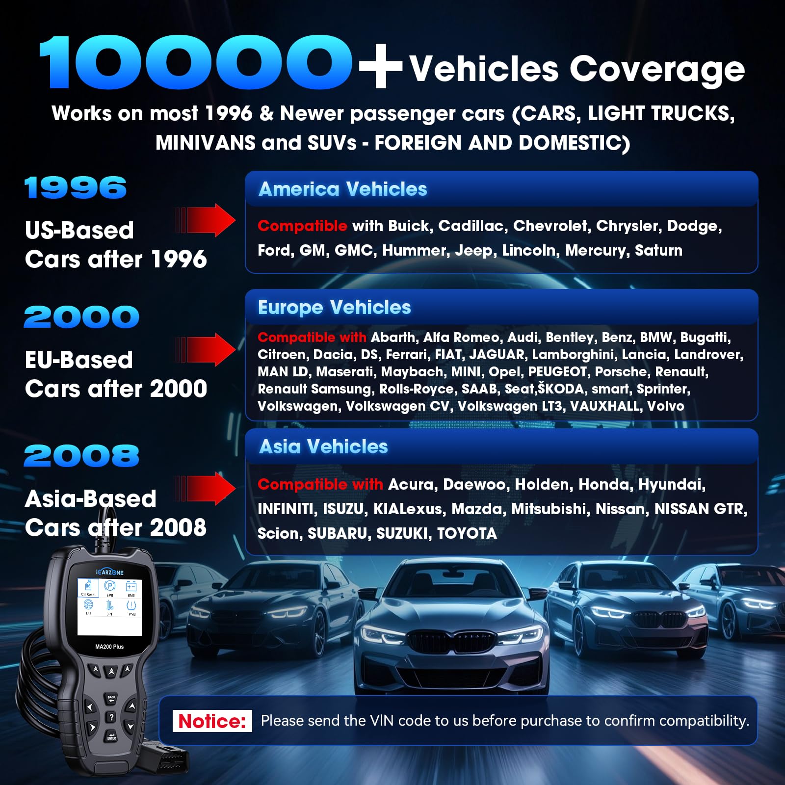 Wszystkie systemy skanera OBD2, MA200 Plus czytnik kodów samochodowych do ponad 10000 modeli samochodów, z 6 usługami pełne OBD2 Live Data Test baterii diagnostycznych narzędzia do skanowania