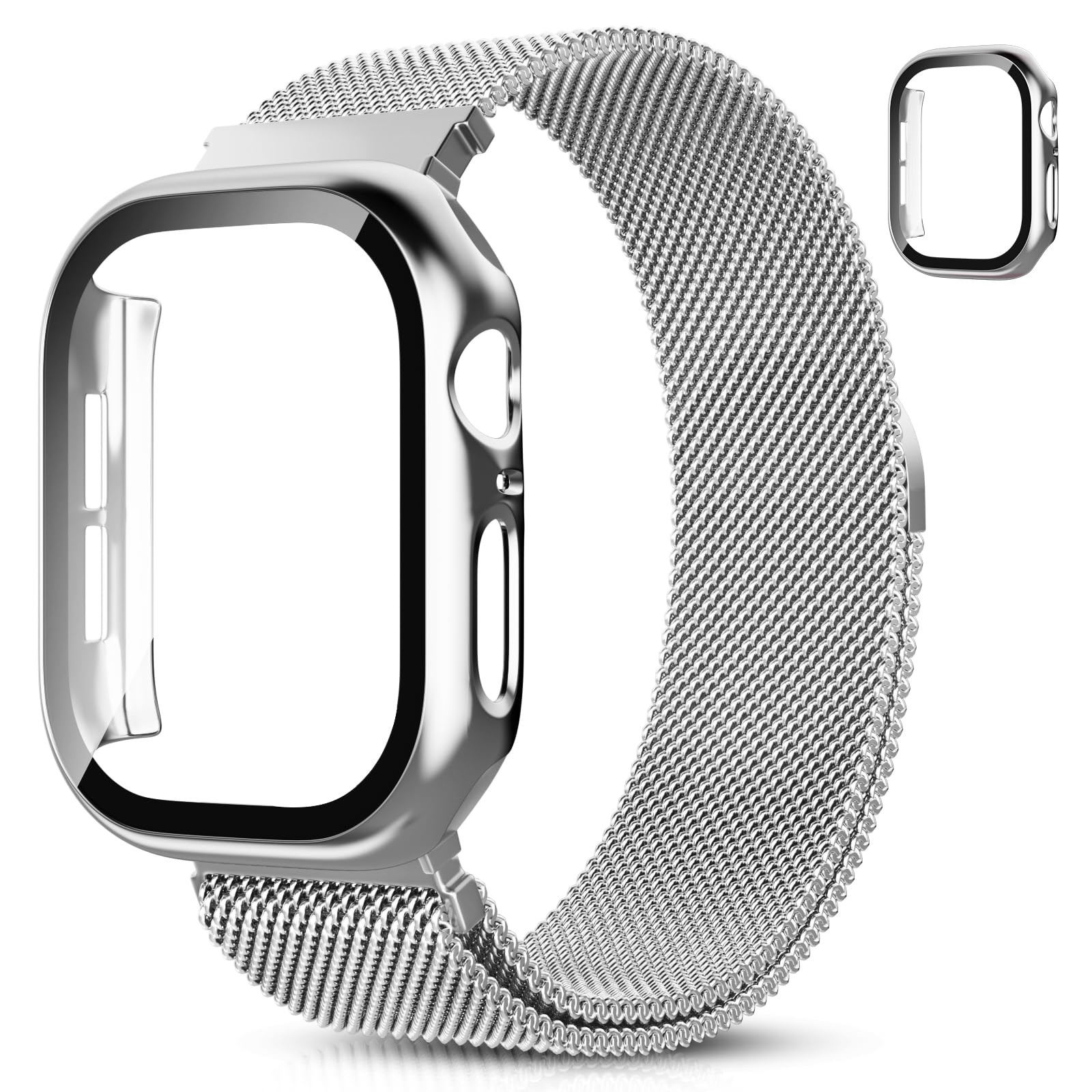 Strap with Screen Protector for Apple Watch Straps 38/40/41/42/44/45/46mm Women Men, Stainless Steel Milanese Loop Band and Case iWatch Series 11 10 9 8 7 6 5 4 3 2 1 SE 1/2/3