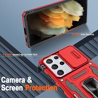 ATUMP for Samsung Galaxy S21 Ultra Case with [2 Pack] HD Screen Protector with Slide Camera Cover, 360 Rotation Ring Kickstand [Military Grade] Shockproof Protective Case for S21 Ultra, Red