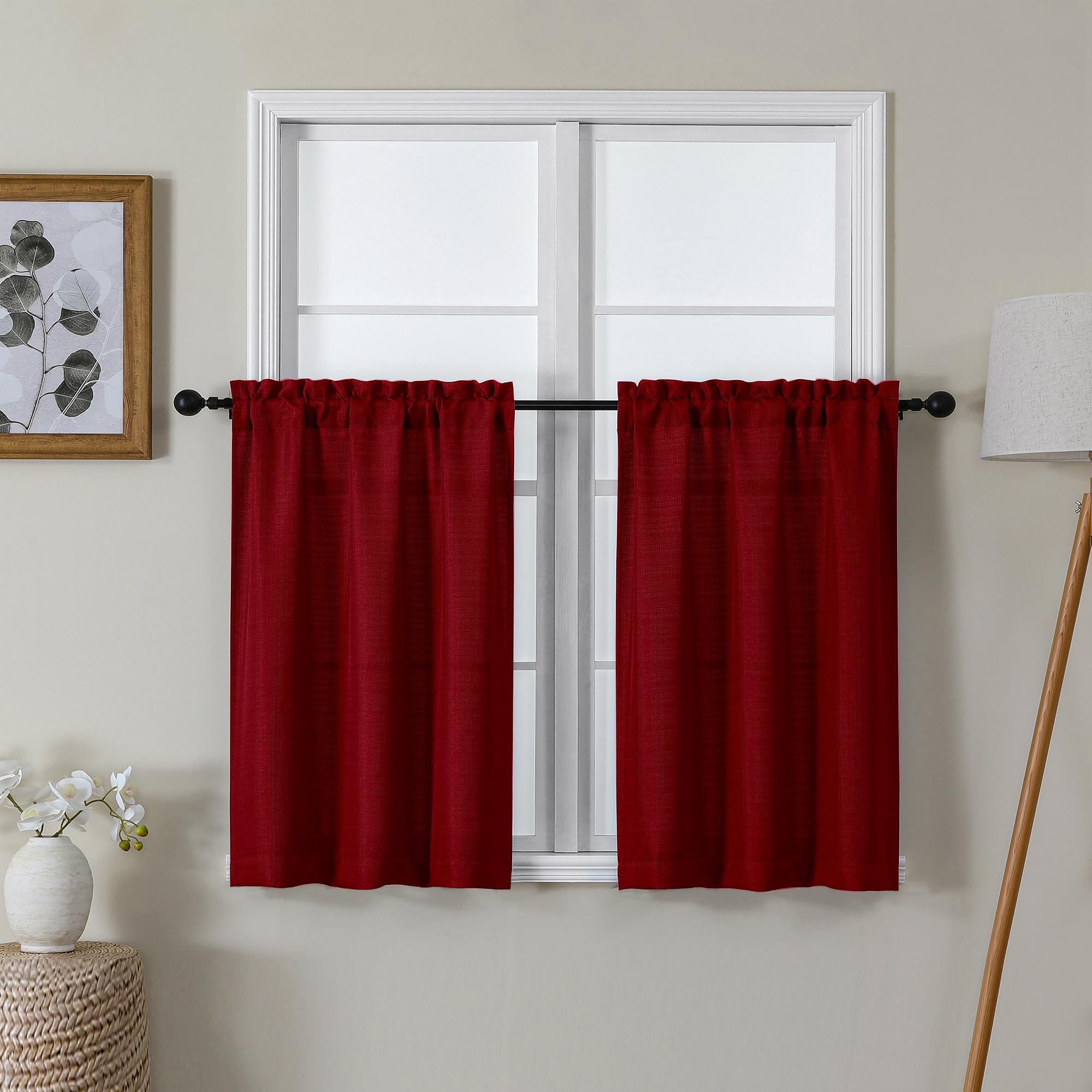 Lecloud Bessie Red Kitchen Curtains 30 Inch Length 2 Pcs, Christmas Faux Linen Textured Short Curtain, Light Filtering Breathable Tiers with Rod Pocket for Cafe Bedroom Bathroom, Each 30" W x 30" L โ image 1