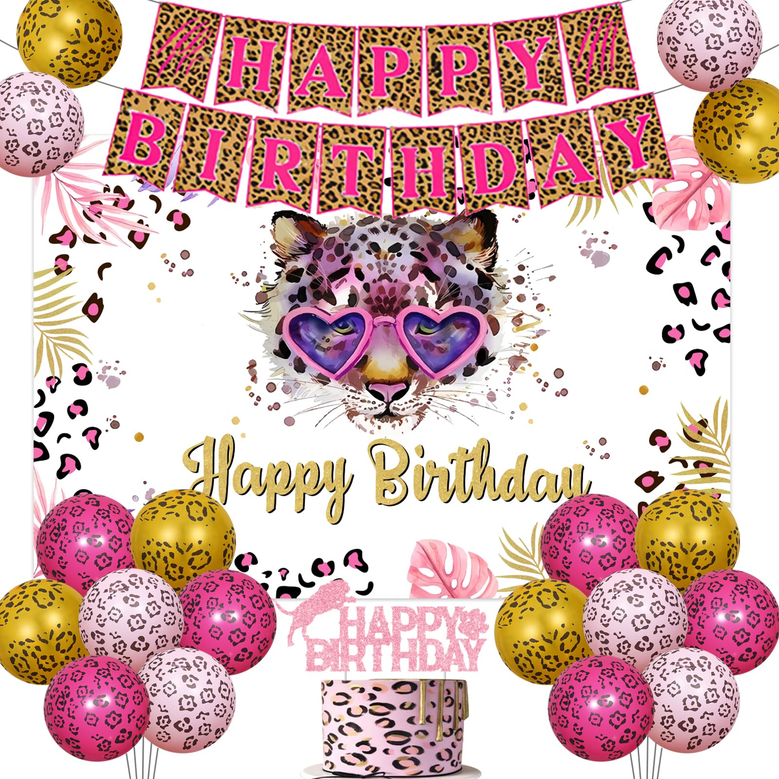 kreat4joy Cheetah Print Birthday Decorations Girl, Cheetah Happy Birthday Decorations Backdrop Banner Cake Topper, Cheetah Print Balloons Leopard for