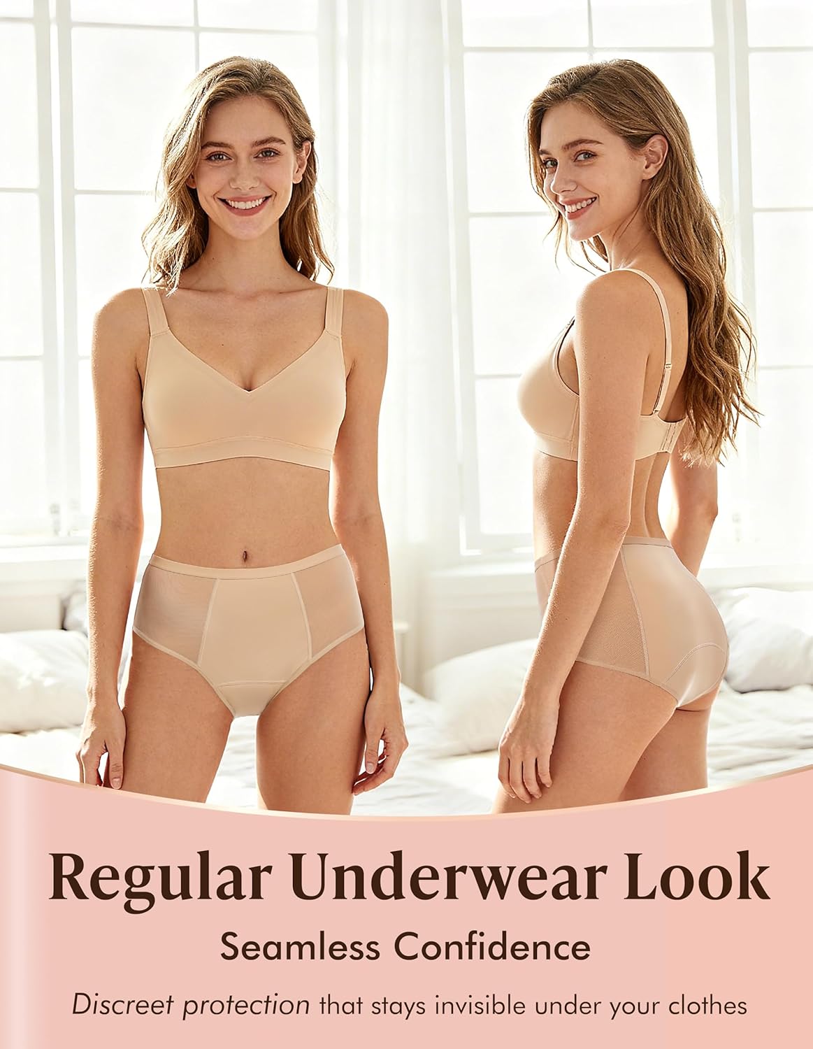 AIRCUTE Washable Women Urine Incontinence Underwear Leak Proof Panties for Postpartum Bladder Leak with 50 ml Absorbency 3 Pack (Beige, L) - Image 8