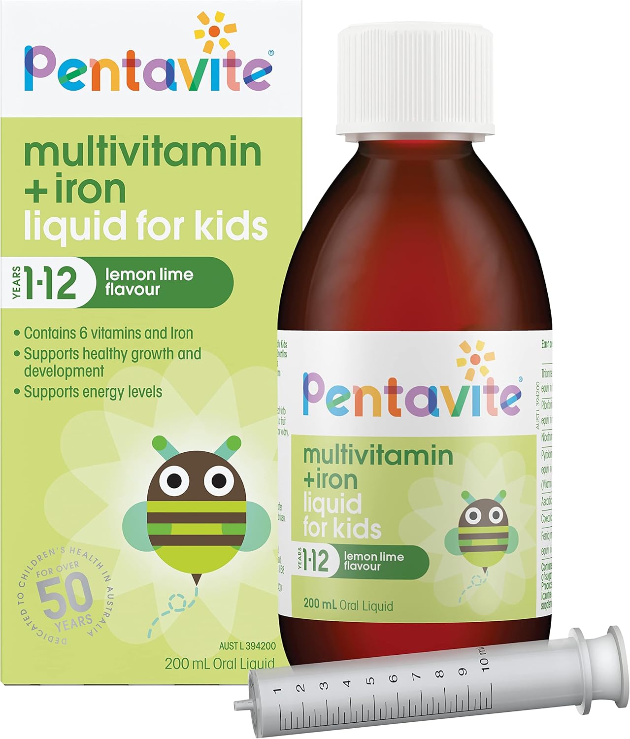 Pentavite Kids Multivitamin + Iron Liquid 200 ml, Lemon Lime Amazon
