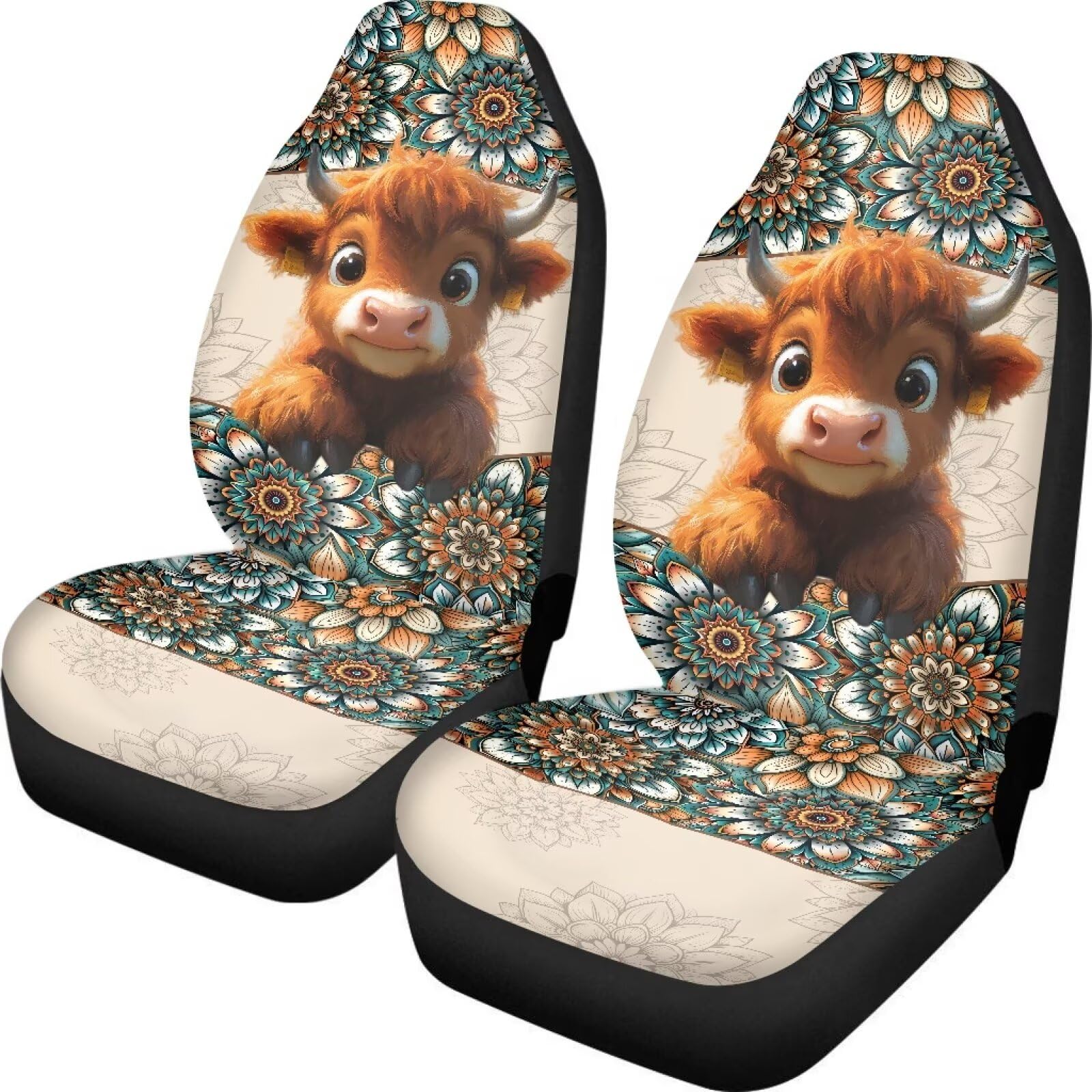 KEIAHUAN Mandala Highland Cow Car Seat Covers 2 Pcs, Auto Front Bucket Seat Cover Protector Non Slip Soft Seat Protection Easy to Install Universal Size Fit for Most Vehicle, Cars, SUV, Sedan