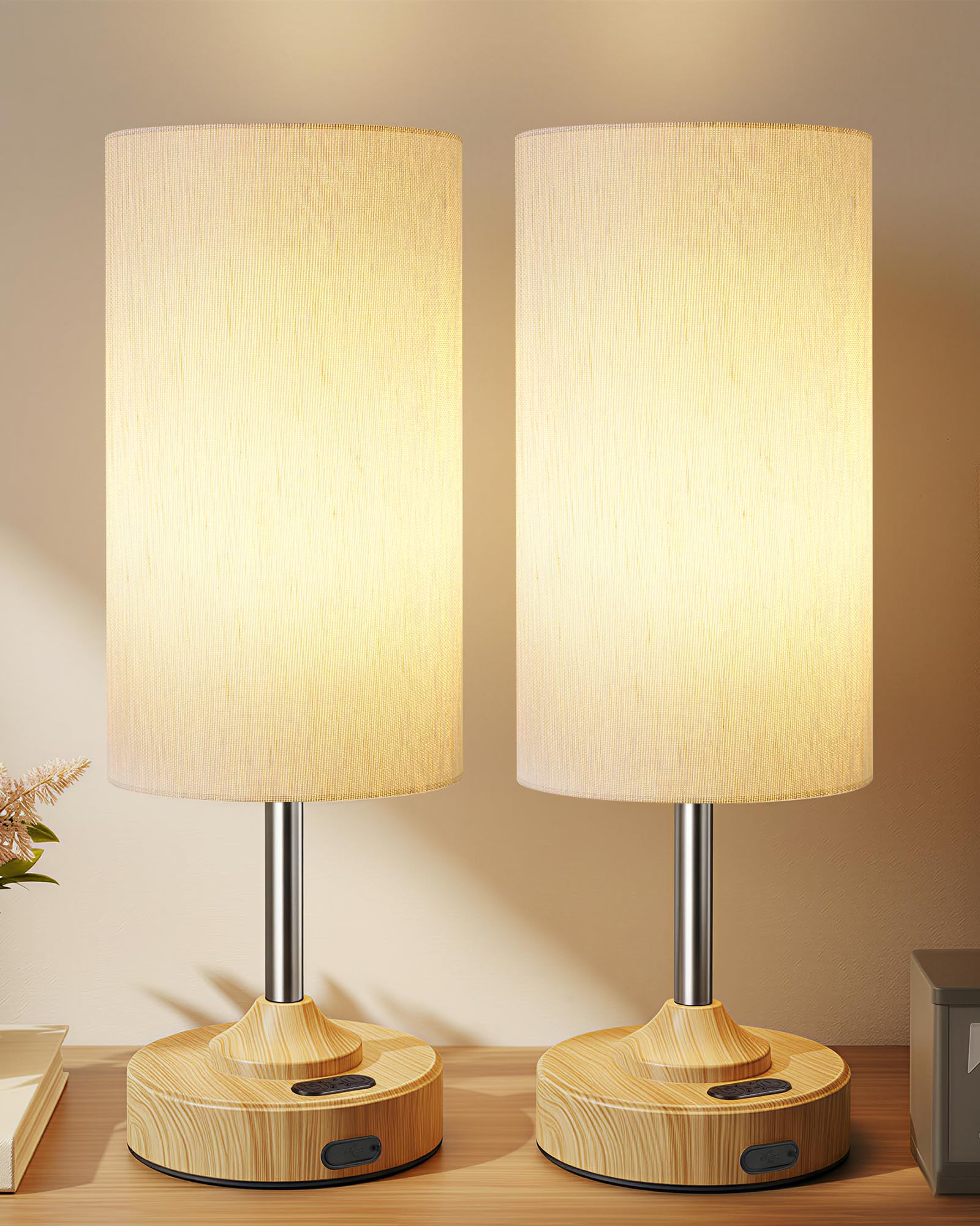 Photo 1 of Rechargeable Table Lamp, 2-Pack, Ambient Light, Dimmable, 2700K, Timer, Touch Control, Portable, LED, Wireless, Cordless e, Battery Operated, Desk Lamp, Kitchen Lamp, Fabric Shade, Wood-Grain Finish