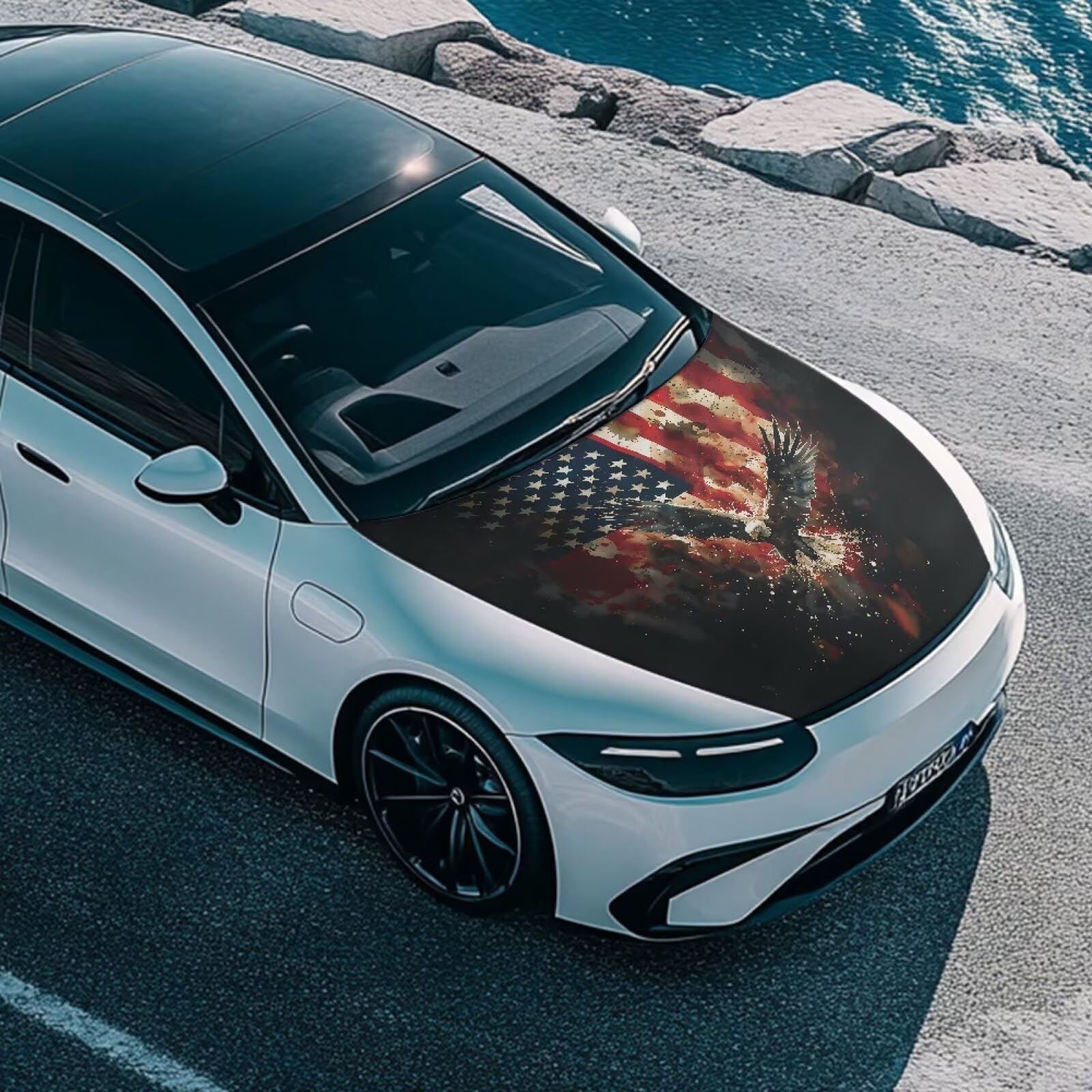 Qiyupavto Car Hood Cover American Flag Eagle Blurred Design Stretchable Car Hood Protector Auto Patriotic Decorations Waterproof Sun-Proof — view 4