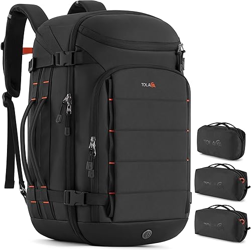Tolaccea Mochila de viaje de 40 L, mochila para laptop con 3 cubos de embalaje, bolsa de lona aprobada para vuelo para hombres y mujeres, Negro,