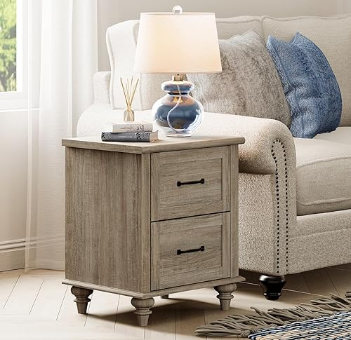 Miniatura 31 de WAMPAT Mesita de noche con estación de carga, mesa auxiliar de granja para sala de estar con 2 cajones, mesita de noche de madera natural para