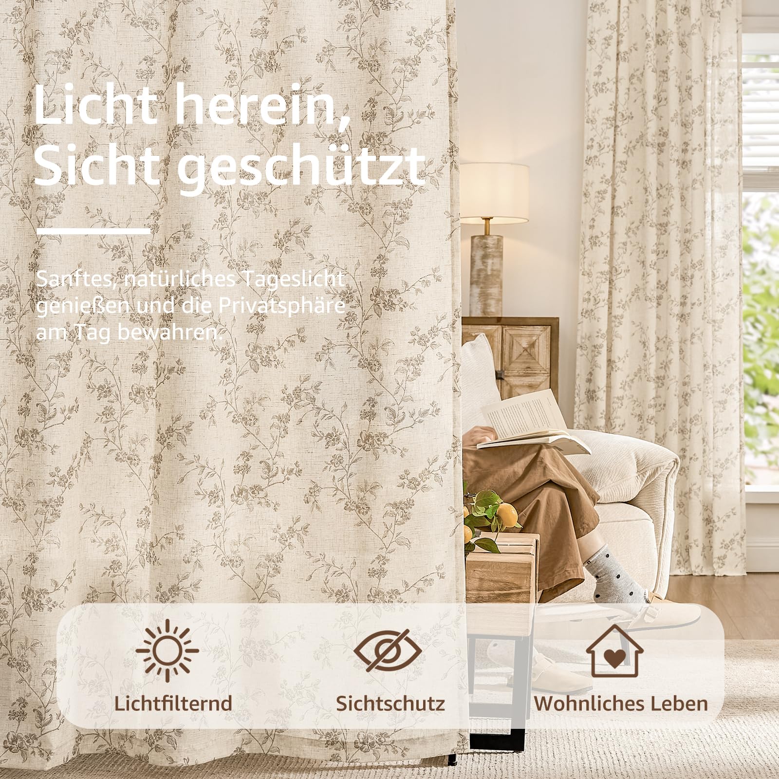 TOPICK Cortinas para Salón de Lino Modernas 2 Piezas 140An x 260Alcm Marrón | Cortinas para ventanas translúcidas con cinta fruncidora de dormitorio, cortinas de estilo rústico, bohemio, para Privacidad