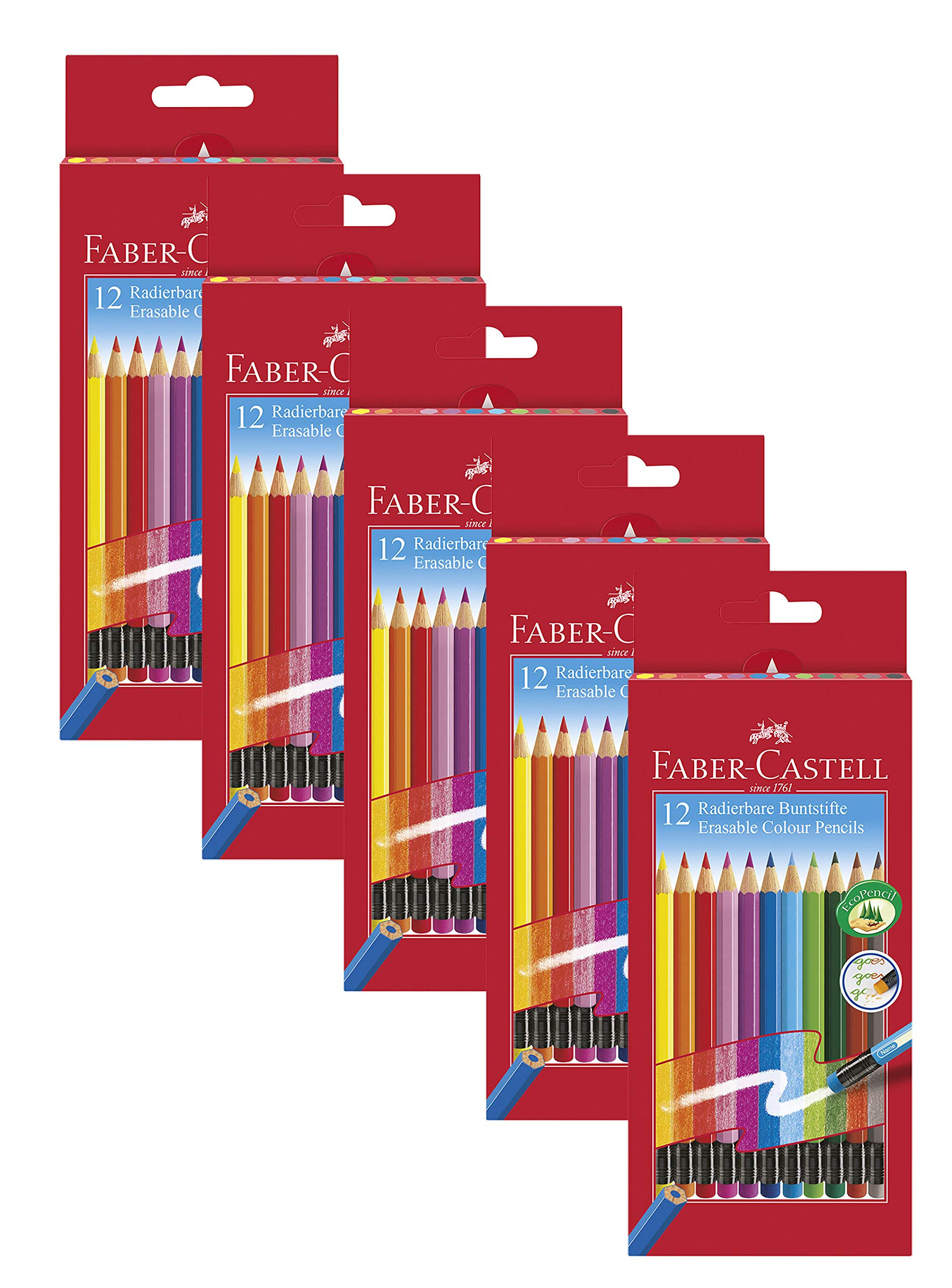 Faber-Castell 116612 - Lápices de colores con punta de goma (estuche de 12 unidades, 1 unidad), 5 Packungen / 12er, multicolor, 12