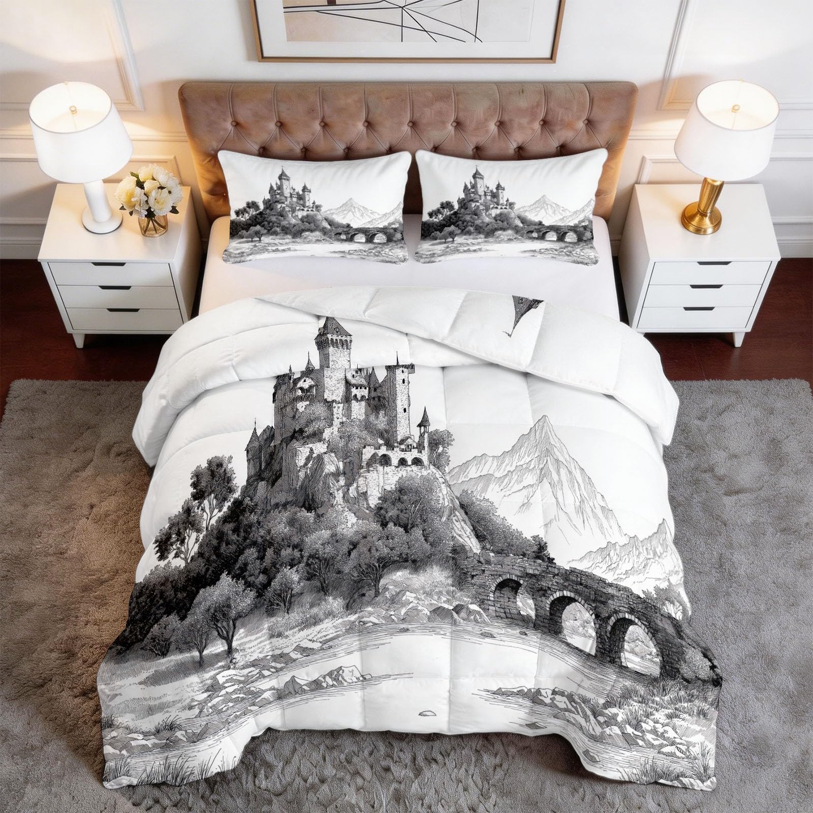 Schloss Steinbrücke Fluss Bettdecke 200 x 200 cm 4 Jahreszeiten Steppdecke, Tuschezeichnung Waschbare Ganzjahresdecke Jugendlicher Bettwaren Set Kinderzimmer Jungenzimmer Bettdecke Ohne Bezug
