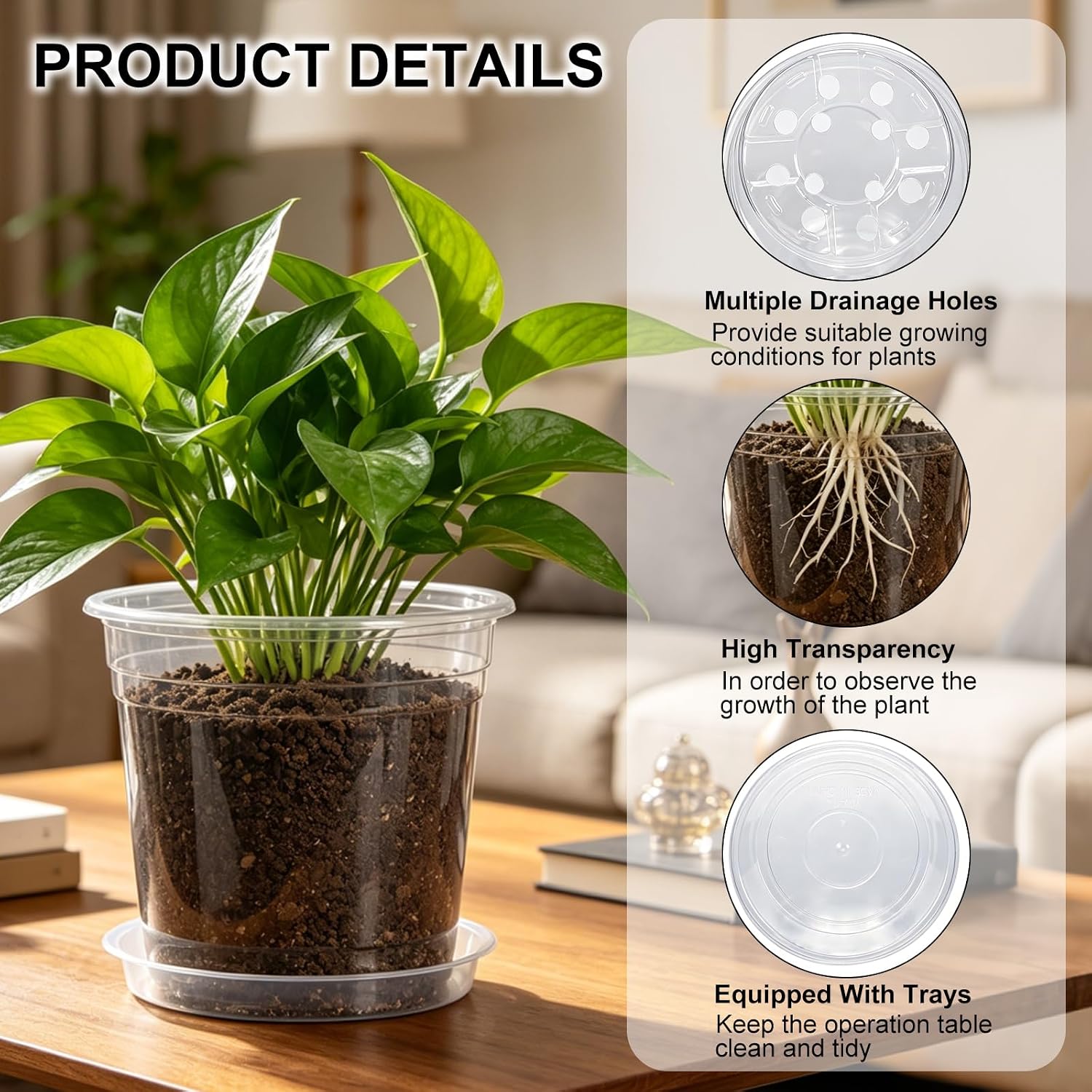 4/5/6/7 Inch 20 Pack Clear Plastic Nursery Pots with Drainage and Saucer