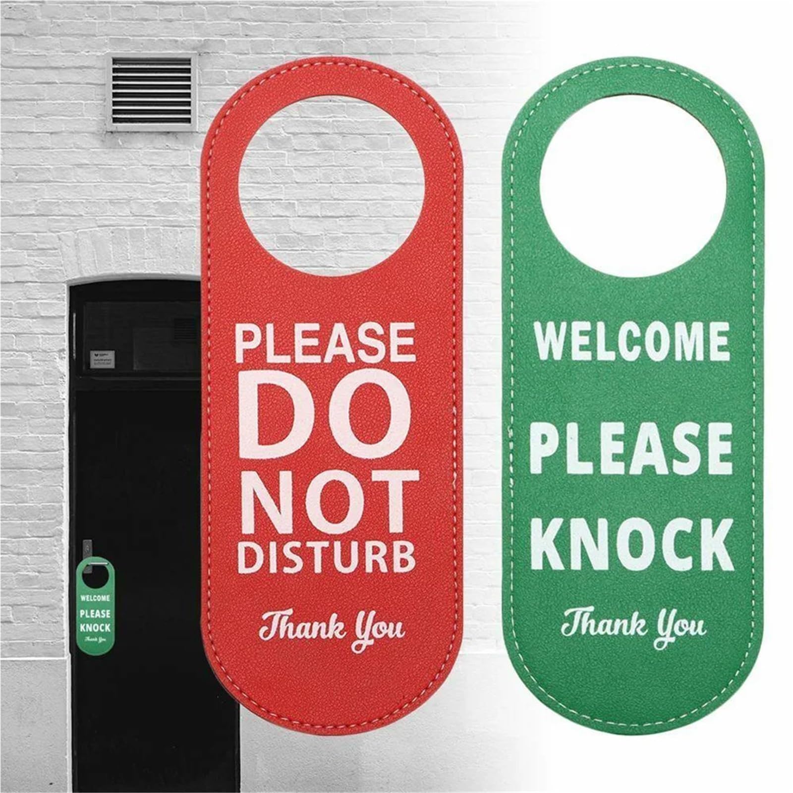 Door Handle Hanging Sign 1PC 22.5x8.5CM Door Sign Do Not Disturb Please Knock Hanger Leather Tags Label For Hotel Mall Office(Red green)