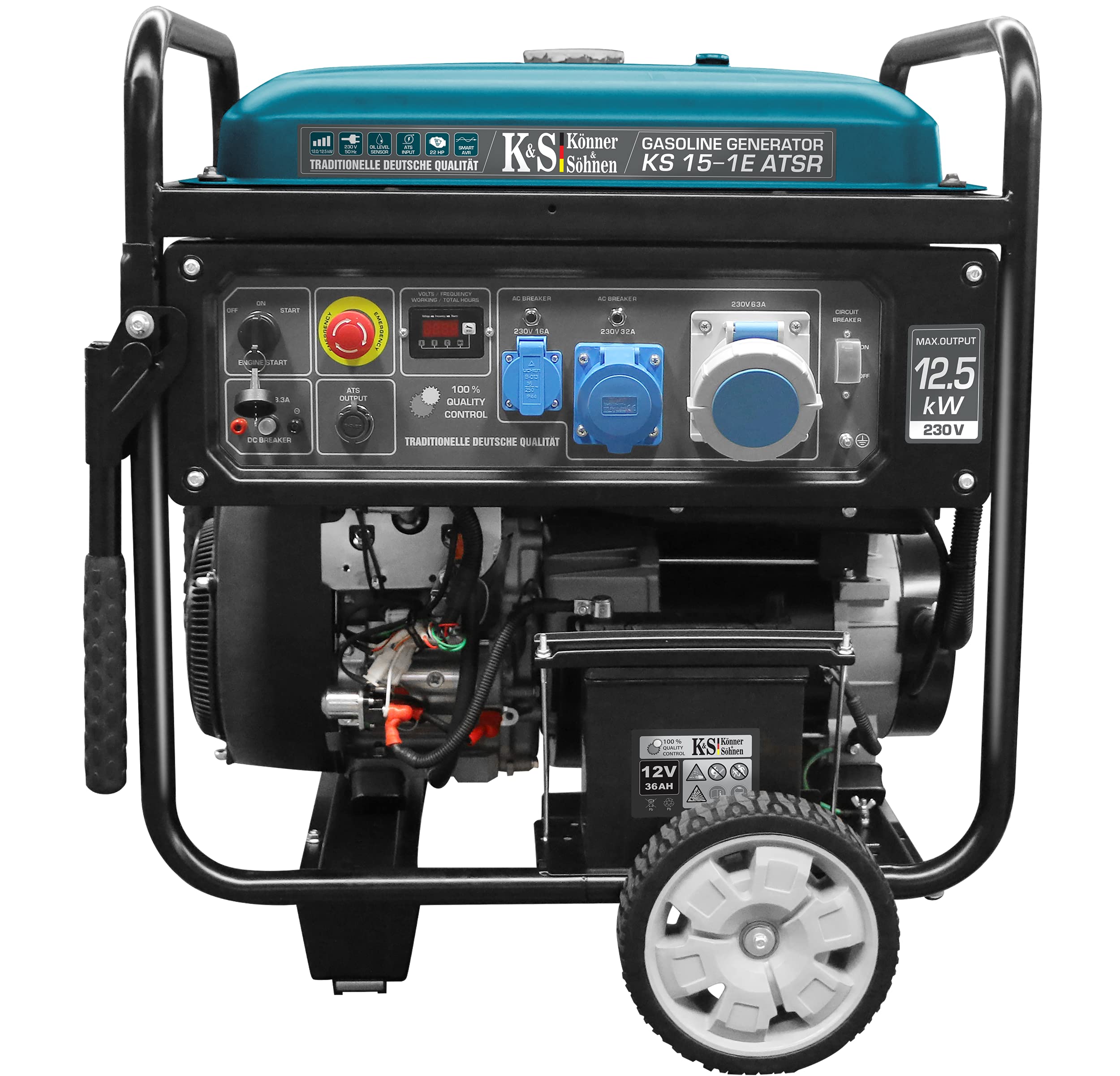 Generator Prądu Könner & Söhnen Agregat Prądotwórczy KS 15-1E ATSR Benzyna Dwucylindrowy 4-suwowy silnik 12500W, stabilizacja napięcia (AVR), ręczne/elektro wyjście na 12 V, licznik motogodzin, częstotliwośći, woltaż generator do domu, garażu, warsztatu