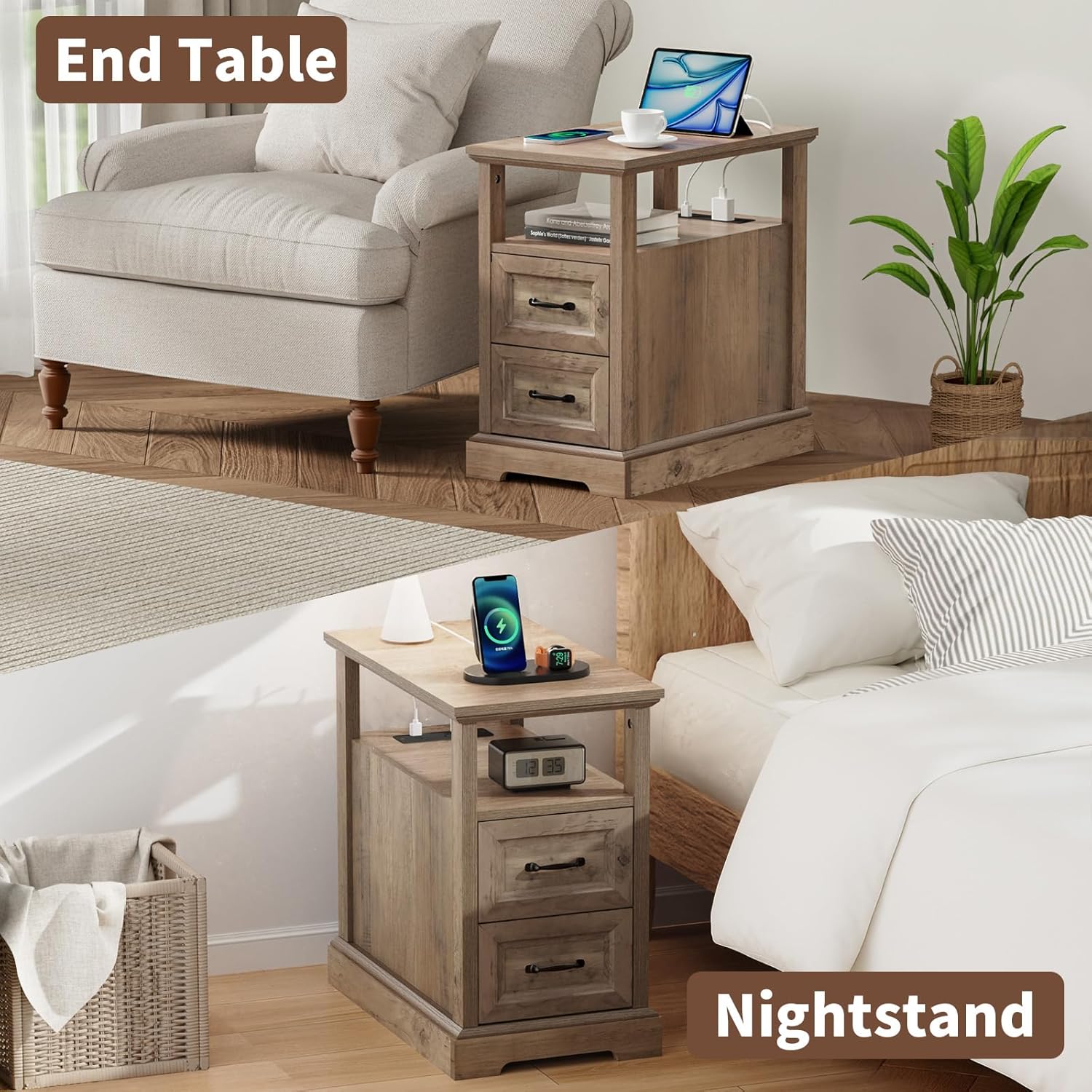 HOMMPA 23.6'' Farmhouse End Table with Charging Station Set of 2, Rustic Night Stand w/ 2 Drawers & Open Shelf, Wood Sofa Side Table Bedside Table for Living Room, Roman Column Design, Greige
