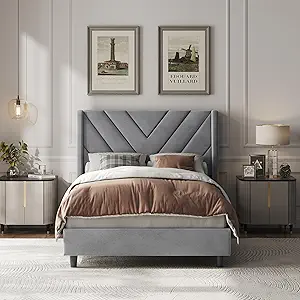 Yaheetech Twin Bed Frame Upholstered Platform Bed with Wing Side/Wooden Slat Support/Tufted Headboard with Wing Side/Mattress Foundation/No Box Spring Needed,Light Gray Twin Bed