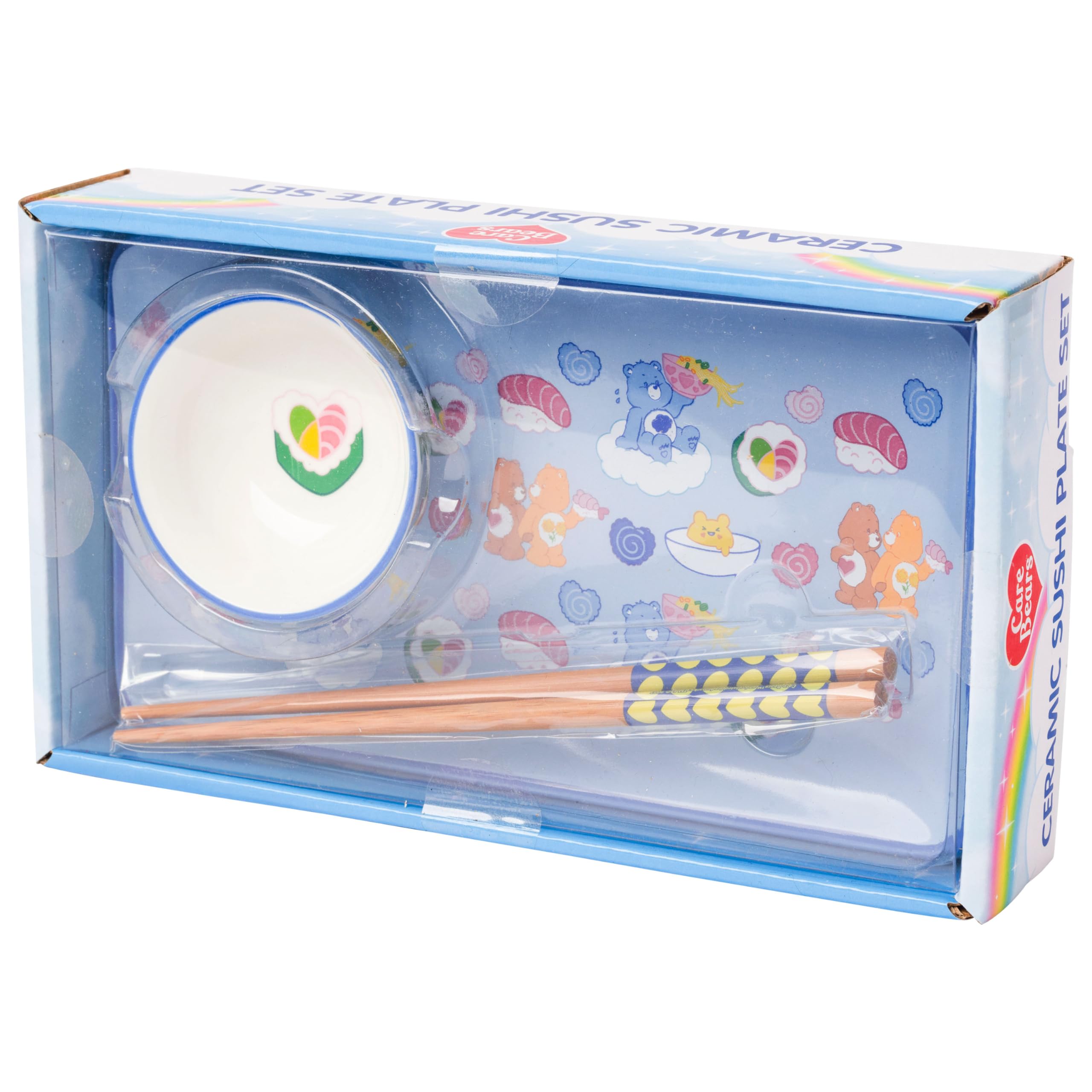 Silver Buffalo Sanrio Kawaii Ceramic Sushi Set with Dipping Sauce Dish and Matching Chopsticks: Care Bears Sushi and Ramen