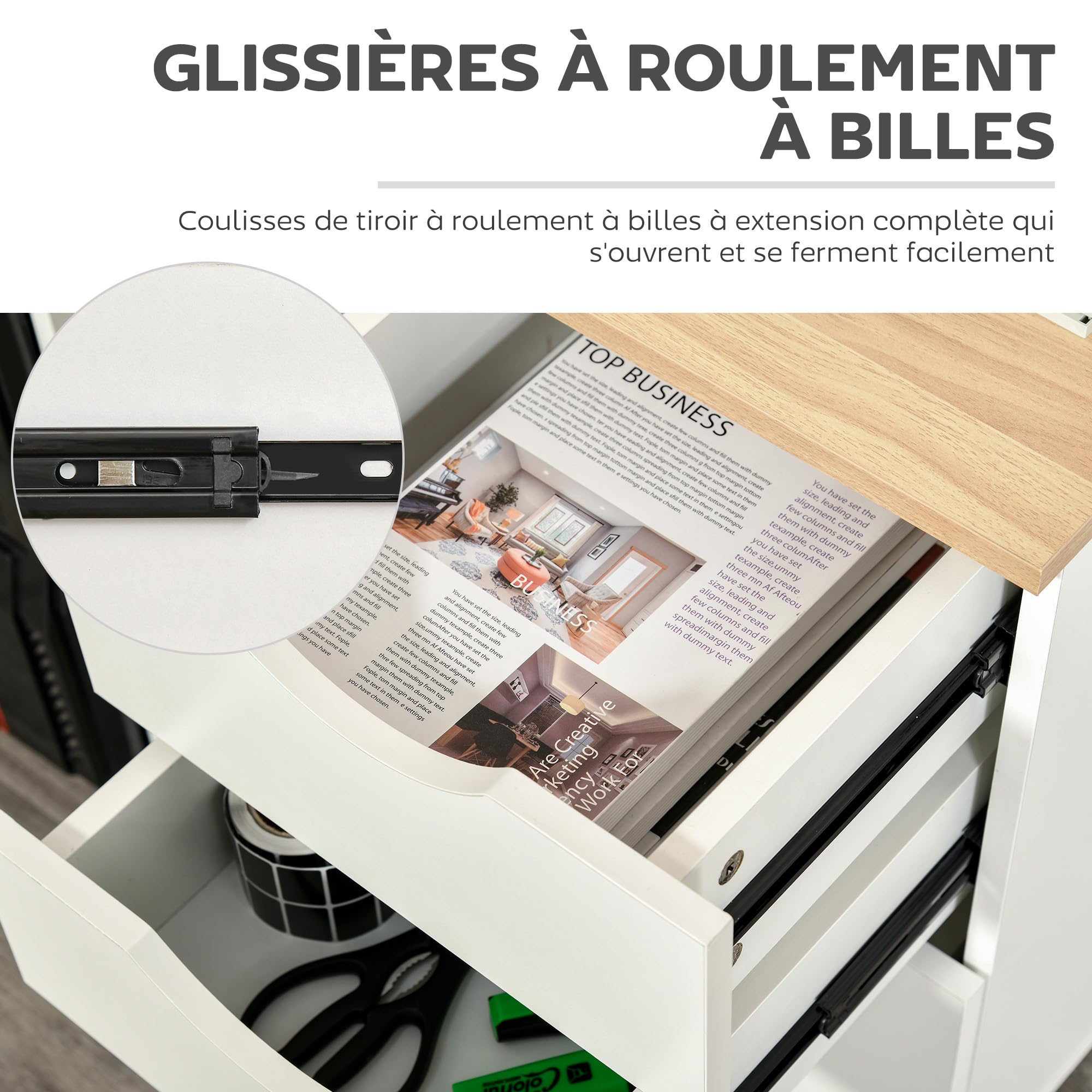 HOMCOM Caisson de Bureau, Rangement Bureau sur roulettes avec 3 tiroirs coulissants, 34 x 40 x 60,5 cm, Blanc et Effet Bois Naturel