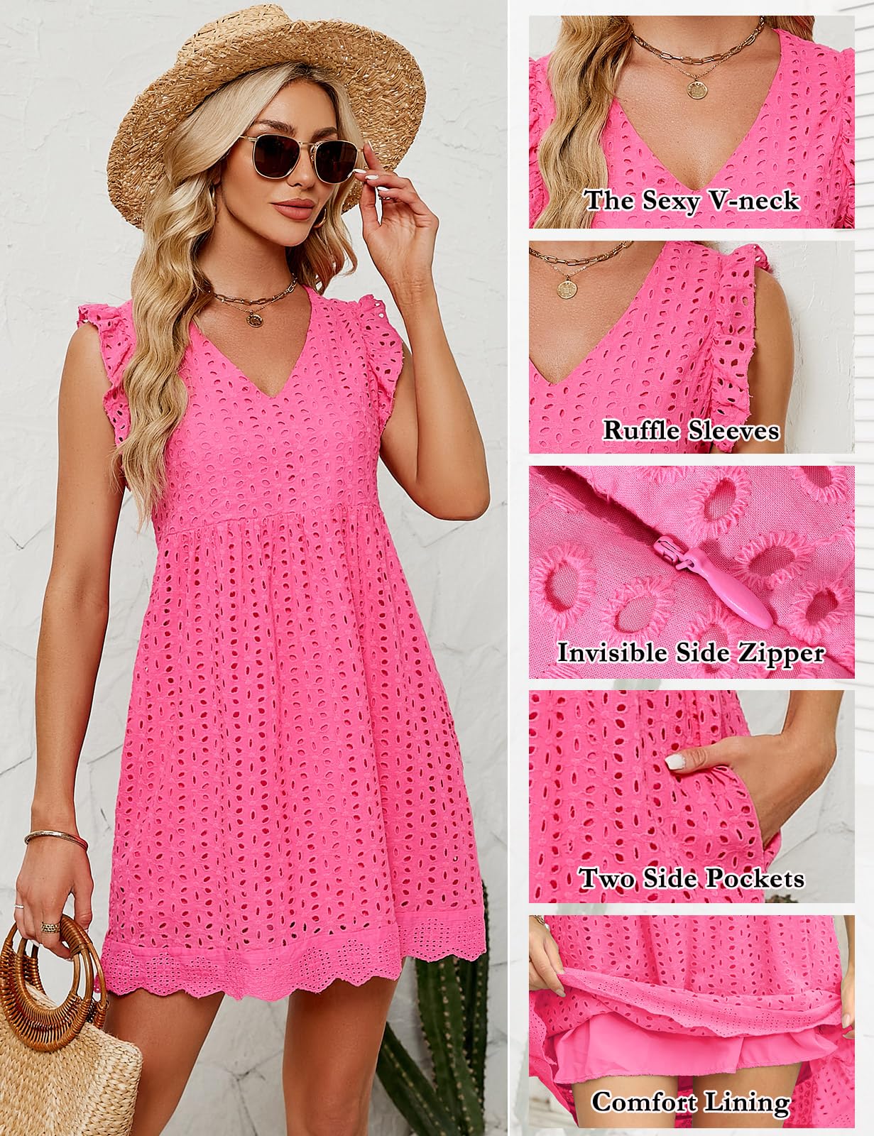 heekpek Abito Estivo Donna Scollo a V Vestito Corto Donna Cotone Senza Maniche con Volant Abiti Leggero Jacquard Abito a Canotta Casual Abito Mare da Spiaggia con Tasche