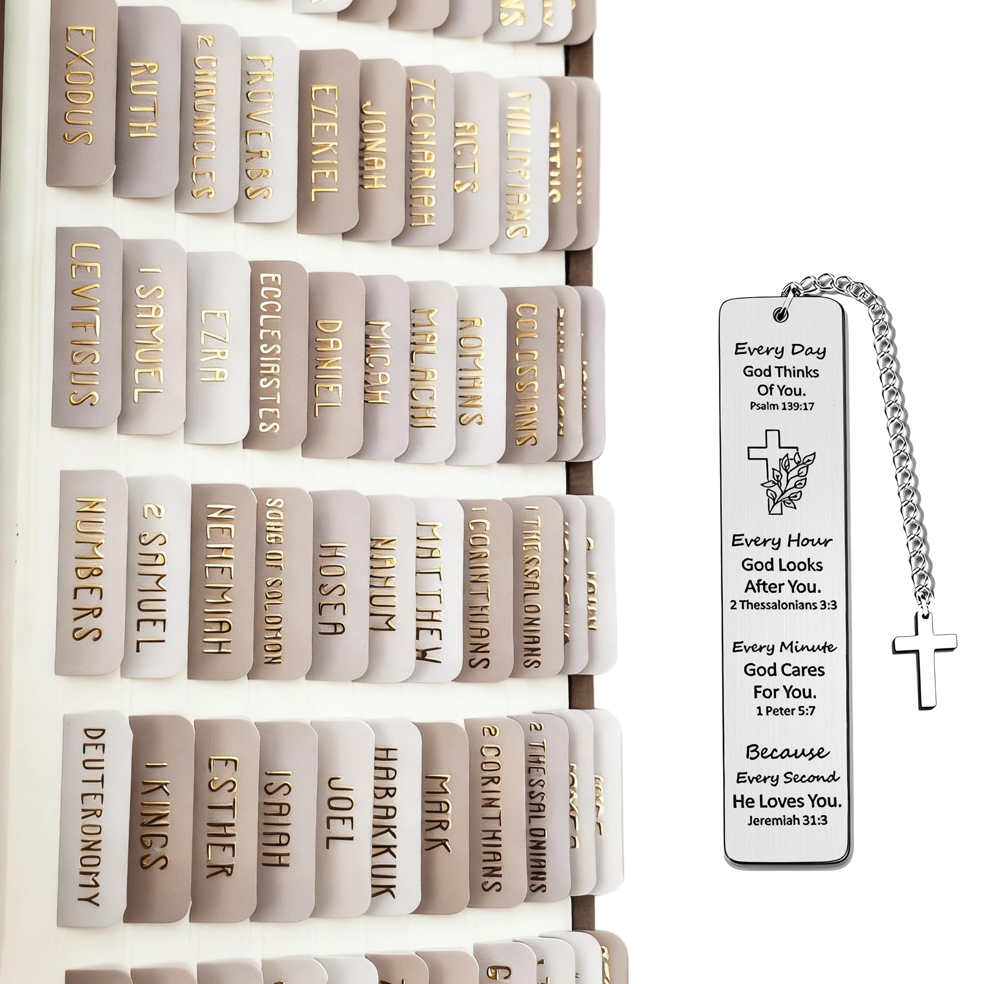 75-Piece Bible Tabs Set with Gold Foil Lettering & Metal Bookmark