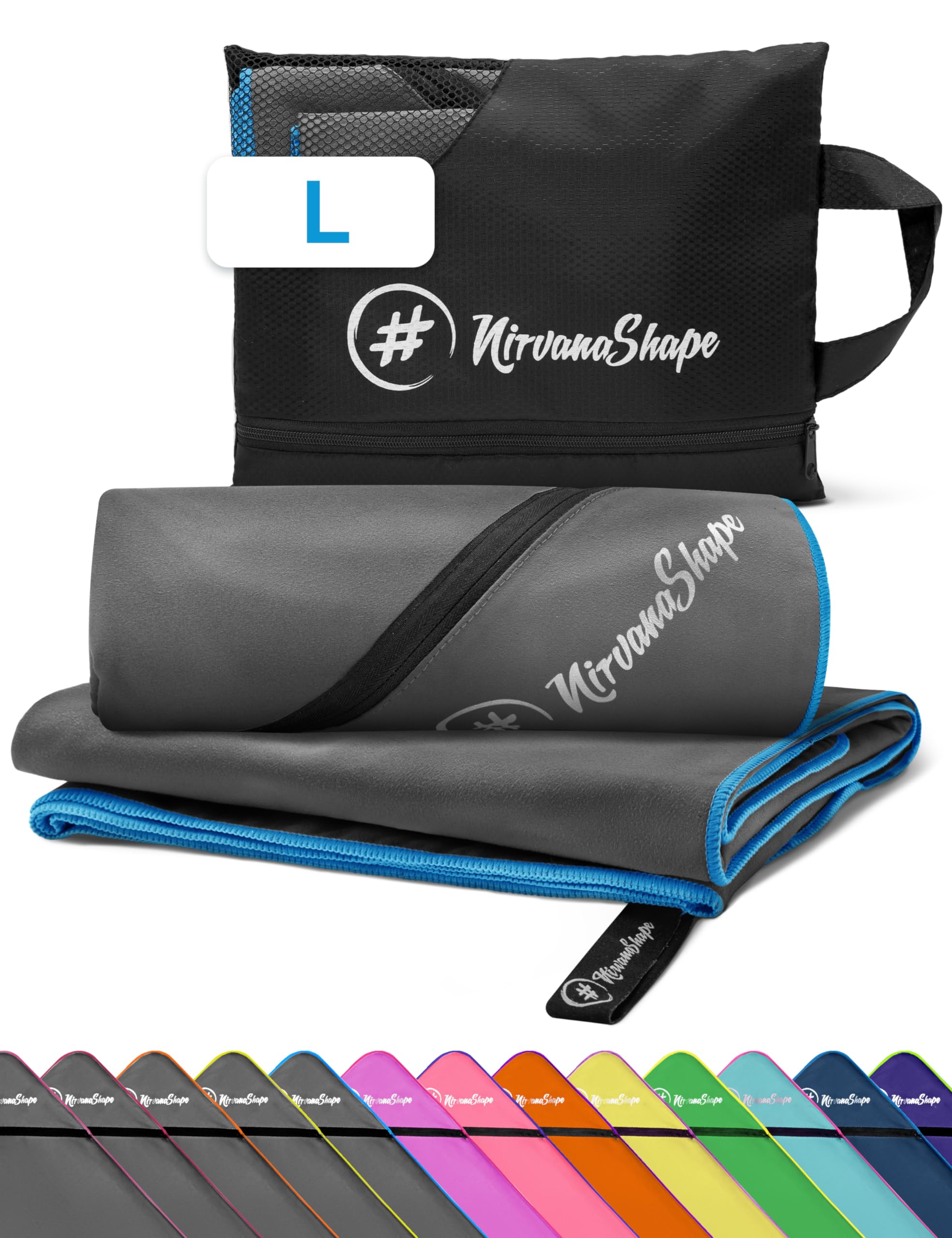 NirvanaShape Microfiber - Travel Towel for Beach Sports, L 140 x 70 cm, Grey / Blue Seam, L: 140 x 70 cm