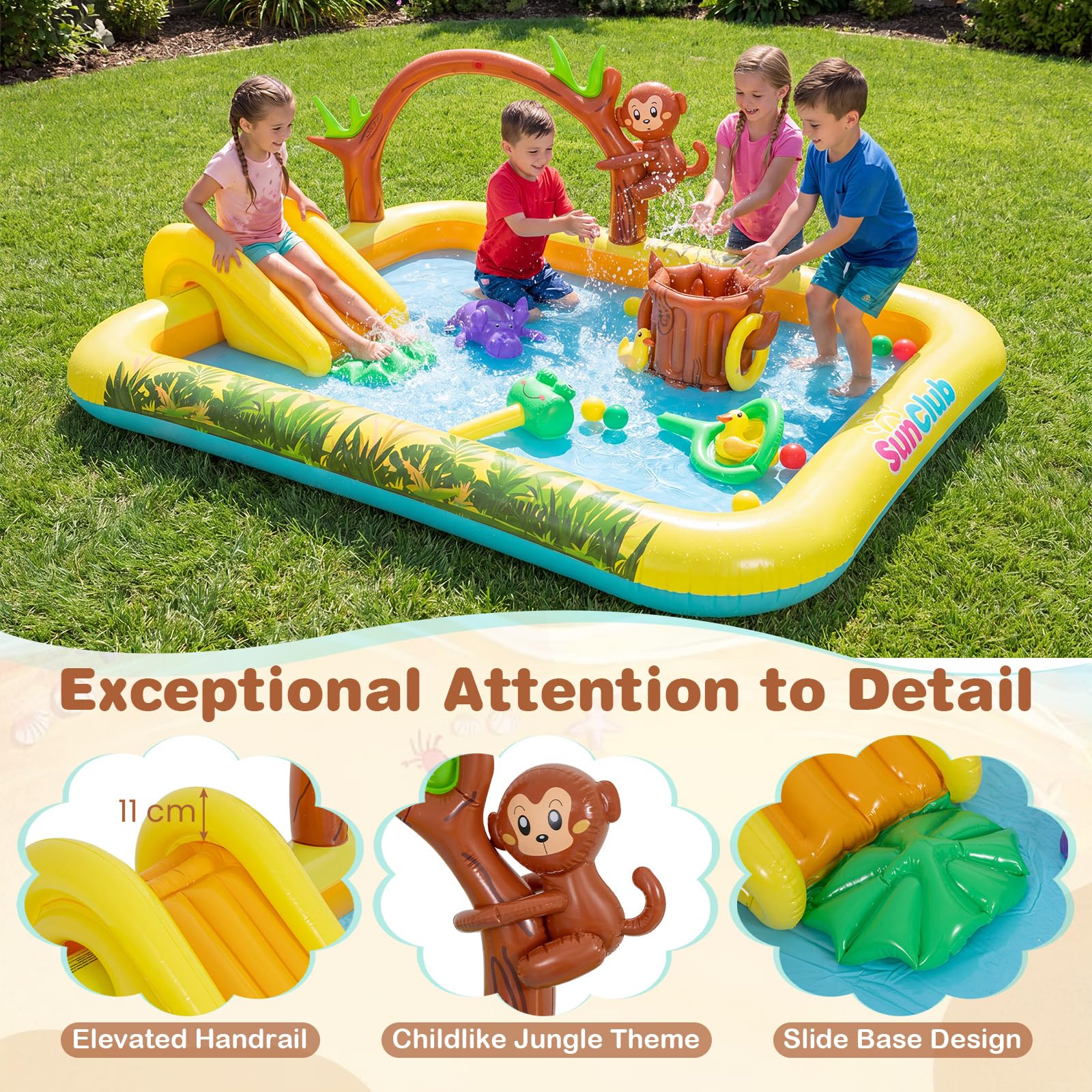 SOARS Piscine Gonflable, Aire de Jeux Extérieure sur Le Thème de Jungle, Toboggan & Pataugeoire, Jets d’Eau, Jeu de Lancer d’Anneaux, Parc Aquatique d’Été pour Jardin, Terrasse, 207 X 168 X 77 CM