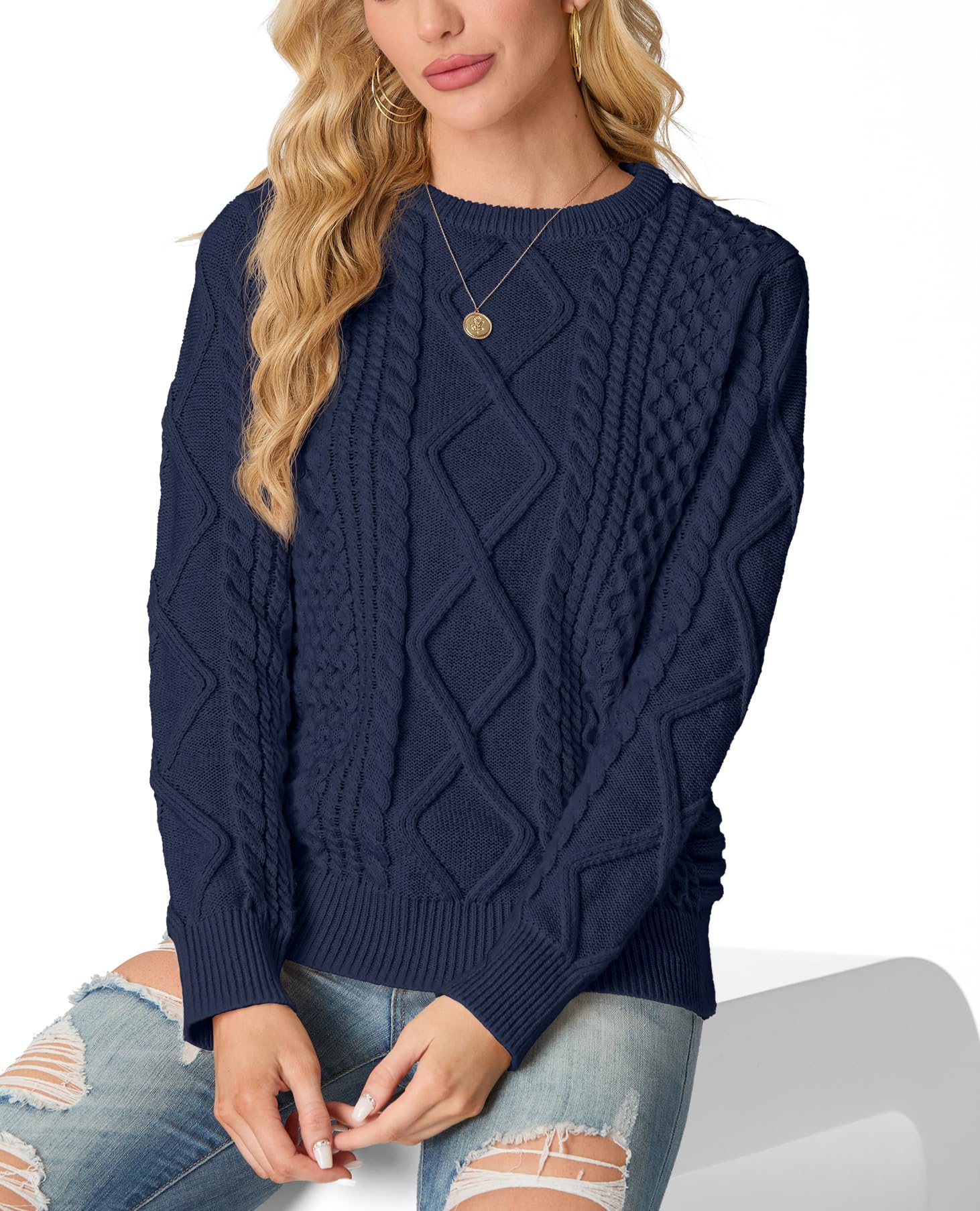 GRECERELLE Pull à col rond en tricot torsadé pour femme - Pull à manches longues pour femme