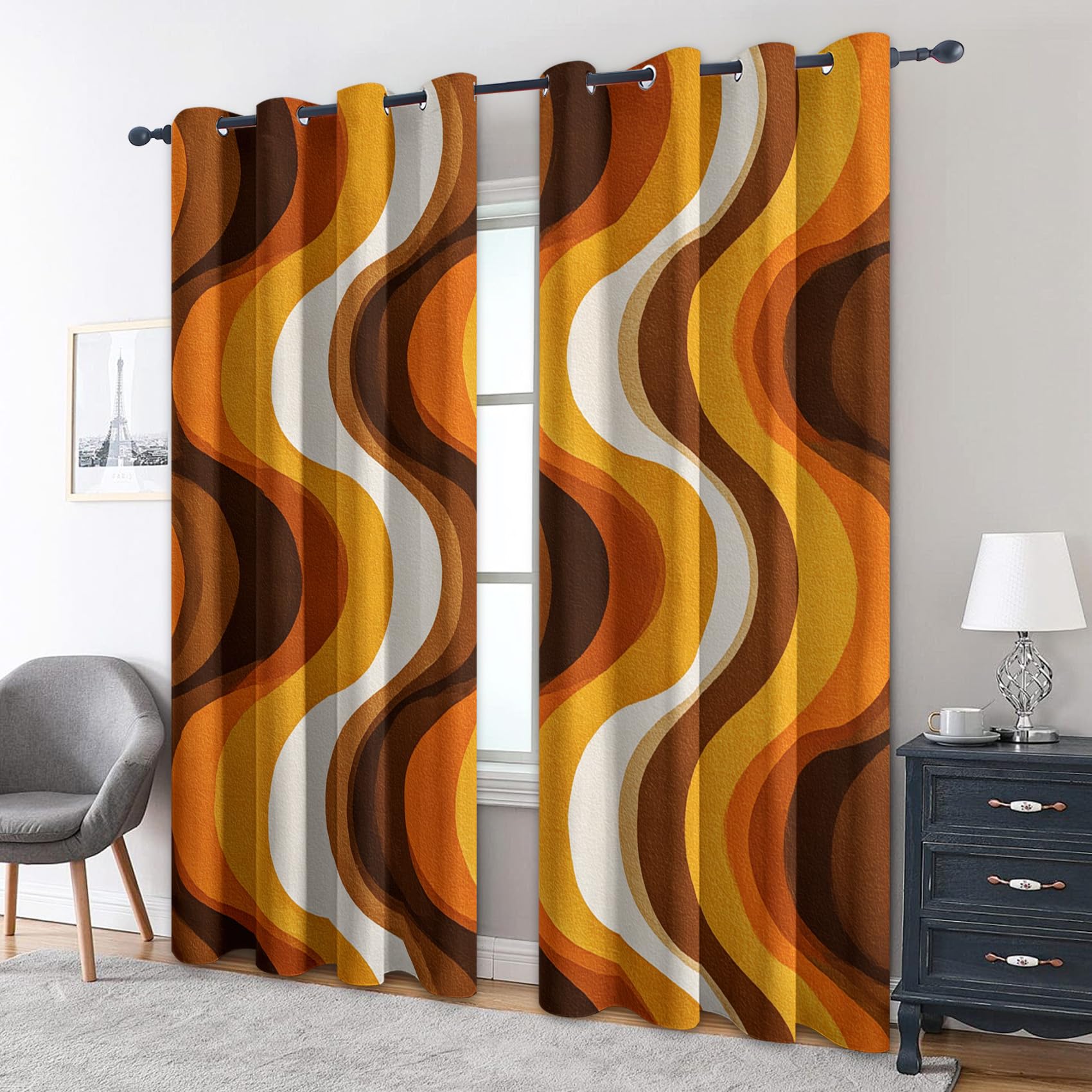 Rideau Occultant Rétro Vintage Année 70, Rideaux Motif Rayures Abstrait, Rideau Thermique Isolant à Oeillets, Rideaux Fenetre Imprimé pour Salon Chambre Décoration, Lot de 2, 140x160 cm M114