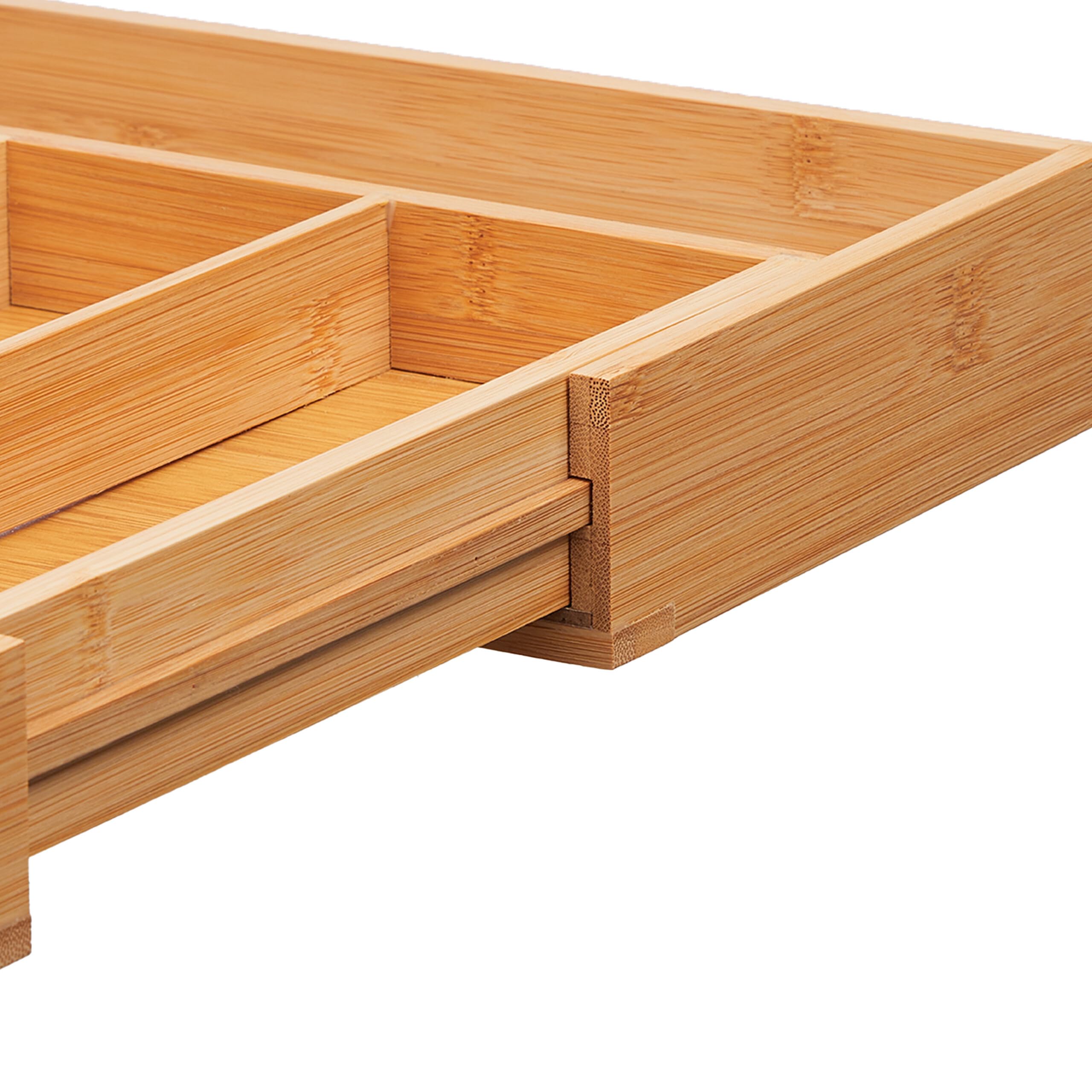 Relaxdays Pojemnik na sztućce wysuwany, bambus, wys. x gł.: 5 x 29-47,5 x 35,5 cm, 4-6 przegródek, wkład na sztućce do szuflad, naturalny