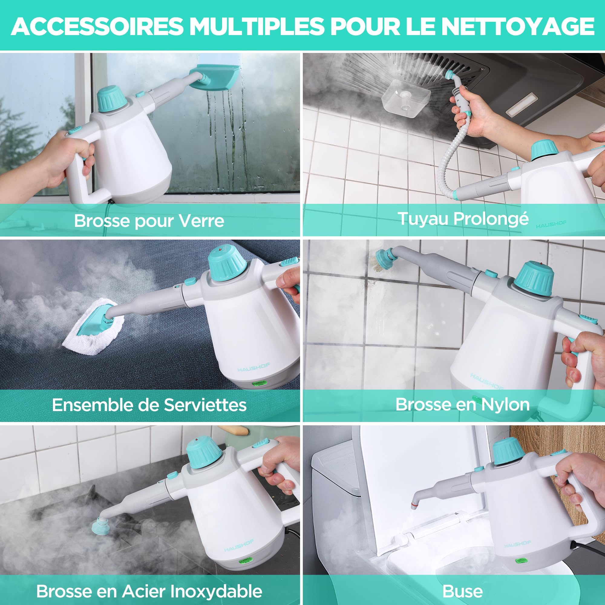 HAUSHOF Nettoyeur Vapeur a Main 450 ml Réservoir d'eau avec 8 Accessoires pour Adoucit Taches, Nettoyeur Vapeur Manuel Portable pour Canapé, Cuisine, Sol, Salle de Bain, Voiture