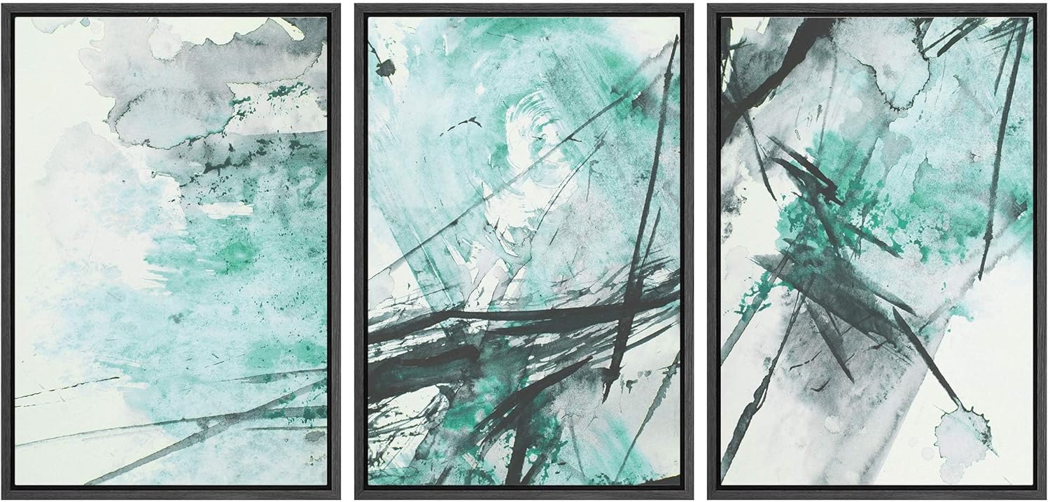 NWT Framed Wall Art Print Set Teal & Green Watercolor Explosion Abstract Shapes Illustrations Modern Art Bohemian Colorful Pastel for Living Room, Bedroom, Office - 16"x24"x3 Black