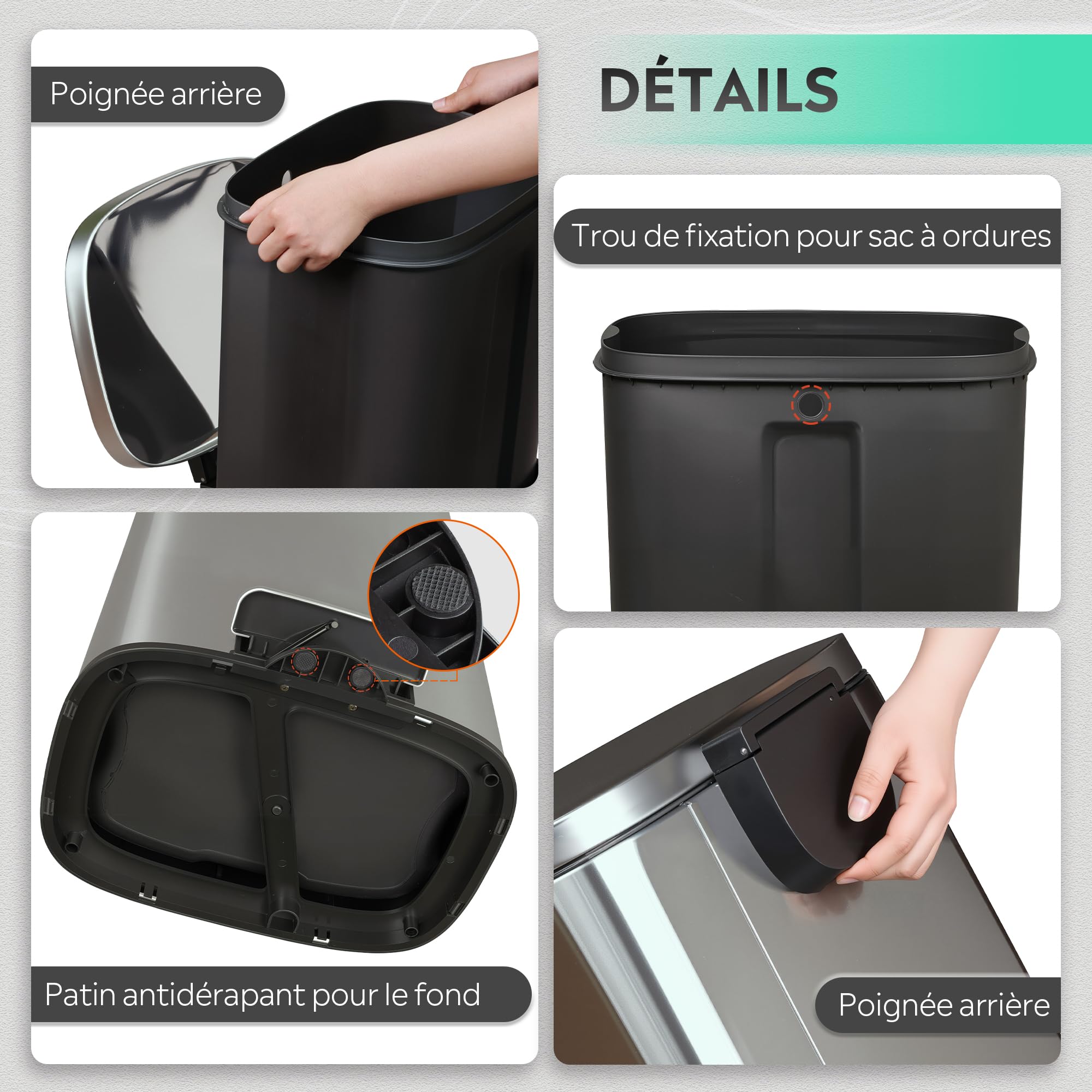 WLIVE Poubelle de Cuisine 50L en Acier Inoxydable, avec Couvercle à Fermeture Douce et Seau Intérieur Amovible, Pédale Mains Libres pour Maison, Buanderie, Bureau, Argent