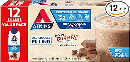 Atkins Milk Chocolate Delight High Protein Shake, 15g Protein, Low Glycemic , 2g Net Carb, 1g Sugar, Keto Friendly , Chocolate Flavored Protein Shakes, 12 Count