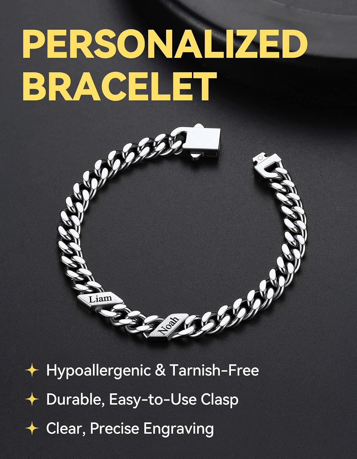 ChainsHouse Stainless Steel Cuban Link Bracelet for Men Women,Custom Engraved 1-6 Names,5mm/7mm/9mm/12mm Width,7.3"/8.3"/9.1" Length Chain Bracelets With Gift Box for Fathers Mothers Day
