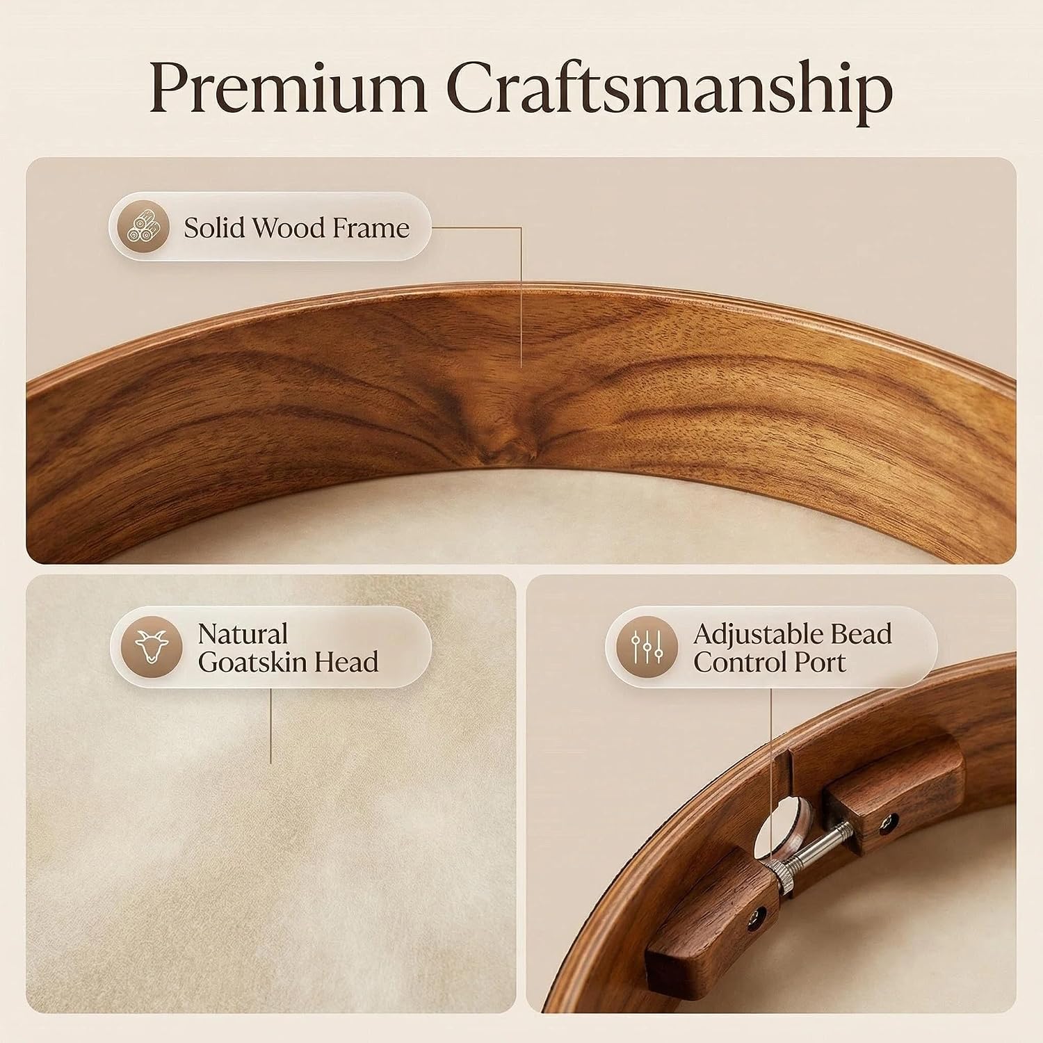 12 Inch Ocean Drum, Hand Percussion Instrument with Authentic Wave Sounds, Solid Wood Frame & Natural Brown Goatskin, Adjustable Volume, Portable Travel Size for Beginners, Meditation & Classroom