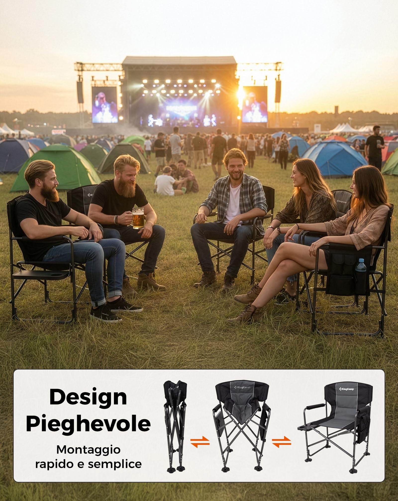 KingCamp Sedia da Regista Camping Pieghevole, Fino al 200 kg | Sedia da Campeggio Imbottita, Tavolino Laterale e Tasca Portaoggetti, Sedie da Pesca Portatile per Campeggio Giardino BBQ