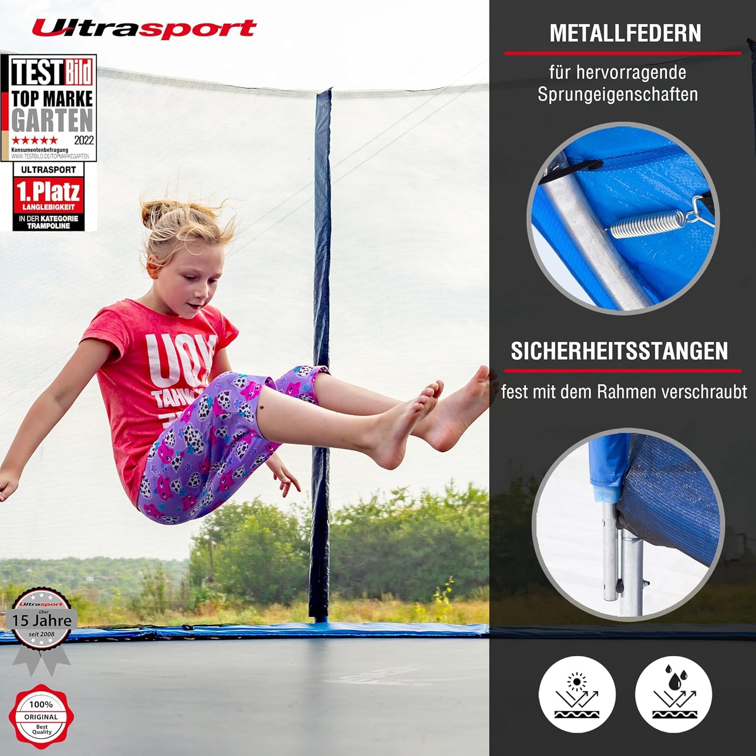 Ultrasport Uni-Jump Trampolin Outdoor Kinder Belastbar bis 150 KG I Komplettset mit Sicherheitsnetz, Randabdeckung & Motagesatz I Bodentrampolin Gartentrampolin, Trampolin 460 cm