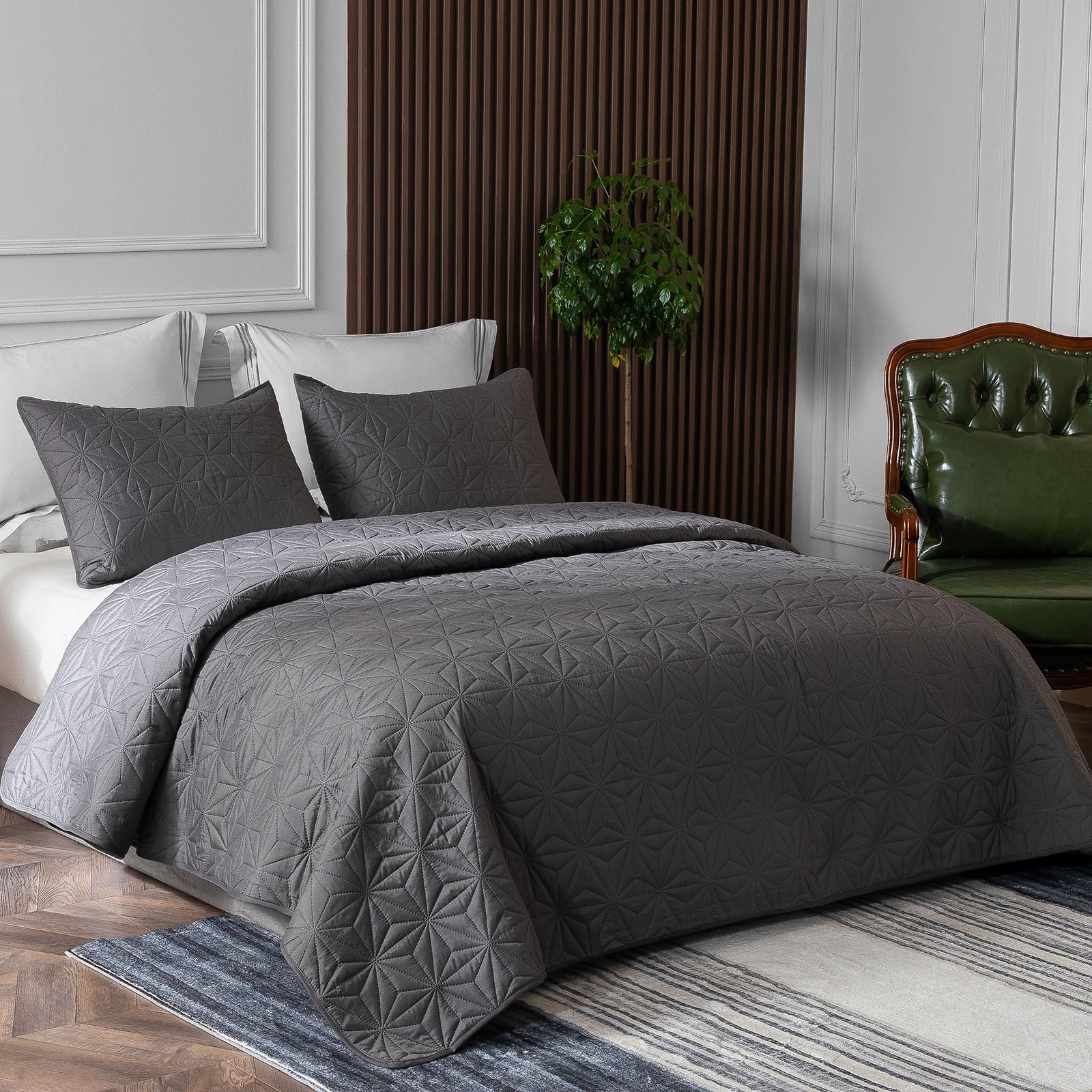 Whale Flotilla Tagesdecke Bettüberwurf 170x220 cm Bedspread mit 1 Kissenbezüge - Weiche und Leichte Steppdecke mit Geometrischem Muster für 4-Jahreszeiten, Grau