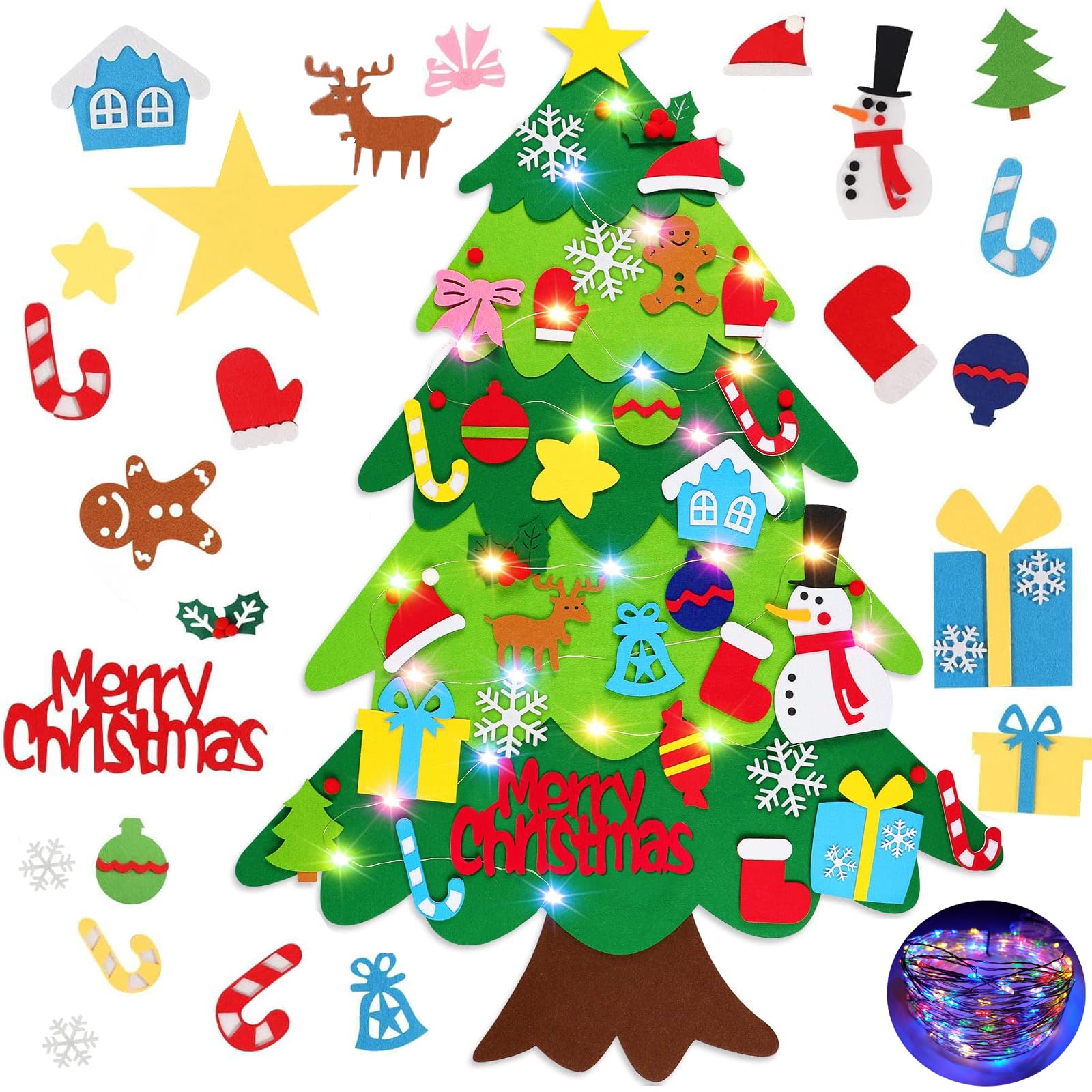 Kit Sapin De Noël En Feutre à Décorer Pour Enfants - 32 Décorations Amovibles + Guirlande LED - Activité Créative Et éducative - 10