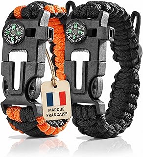 Wolf Survival – 2 Stück Survival-Armband Paracord 5 in 1, Survival-Armband für Herren, Schwarz/Orange, Feueranzünder, Survival, Feuerstein, Pfeife, Kompass, Survival-Set, Camping, Wandern
