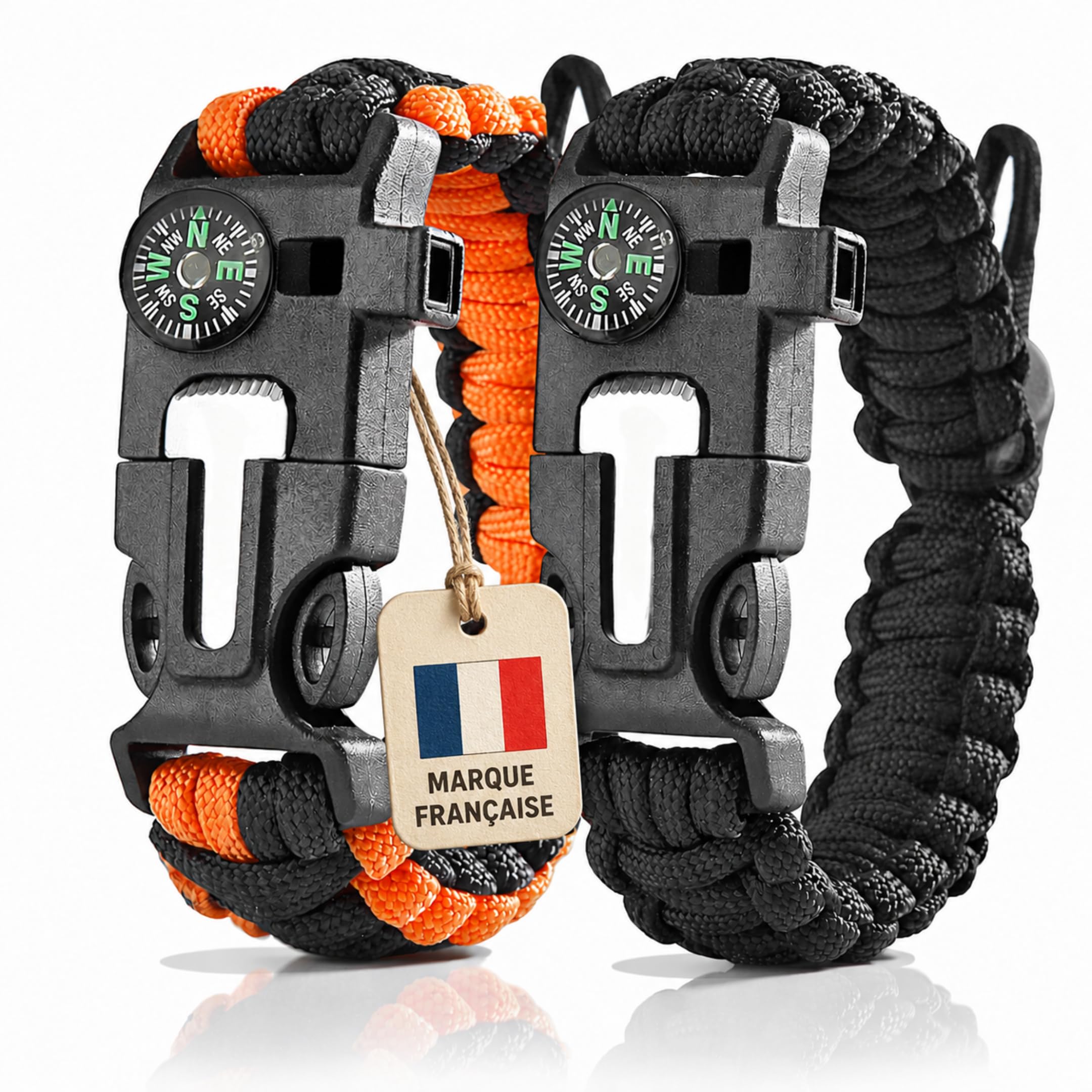 Wolf Survival – Lote de 2 pulseras de supervivencia paracord 5 en 1, pulsera de supervivencia para hombre, color negro y naranja, encendedor de fuego, supervivencia piedra a fuego, silbato, brújula