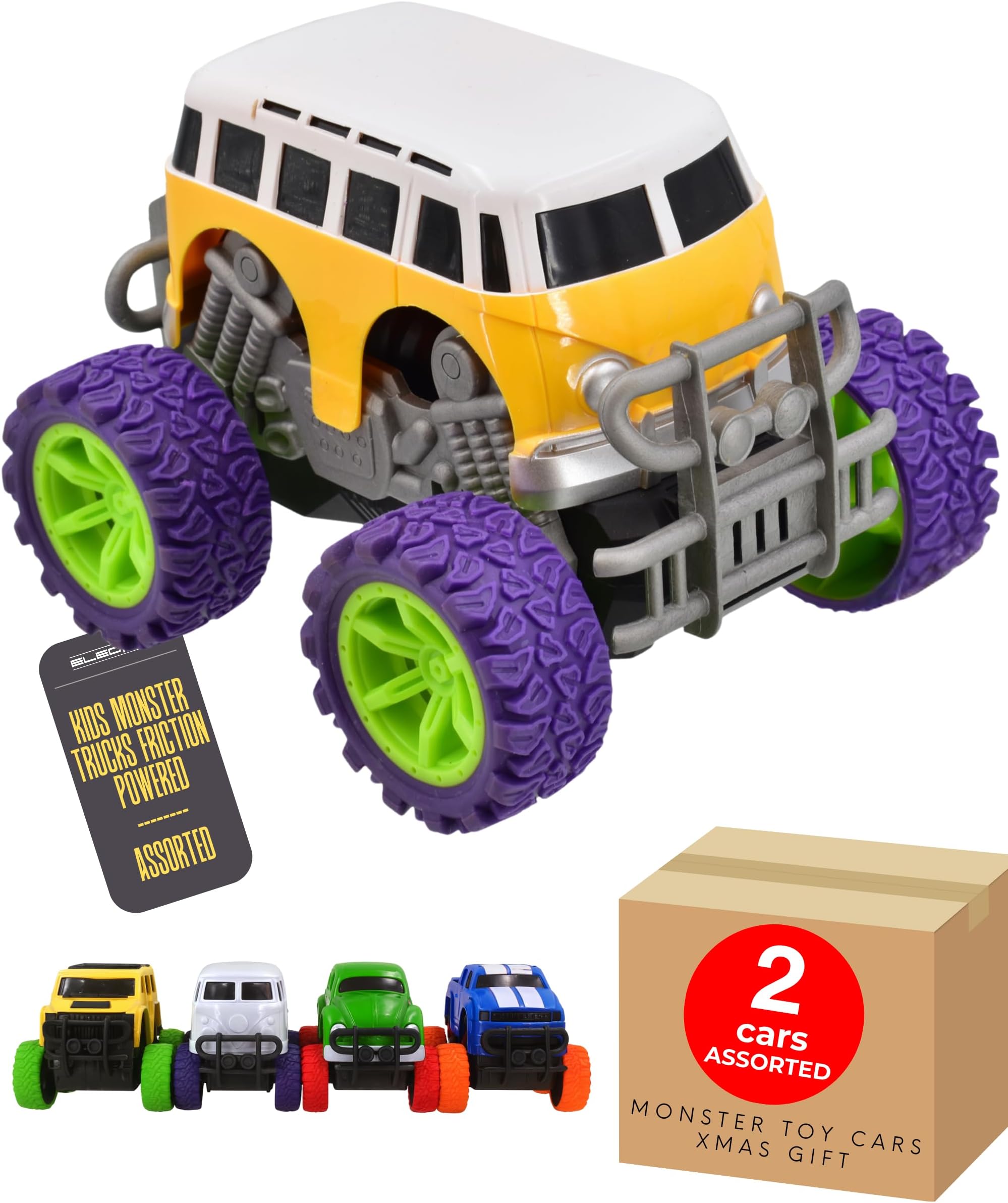 Friction Powered Monster Truck Toy Vehicles for Kids Off Road 4x4 Car Die-Cast Plastic Playset with Colourful Large Wheels Sturdy Chassis Imaginative Play 2 Pack