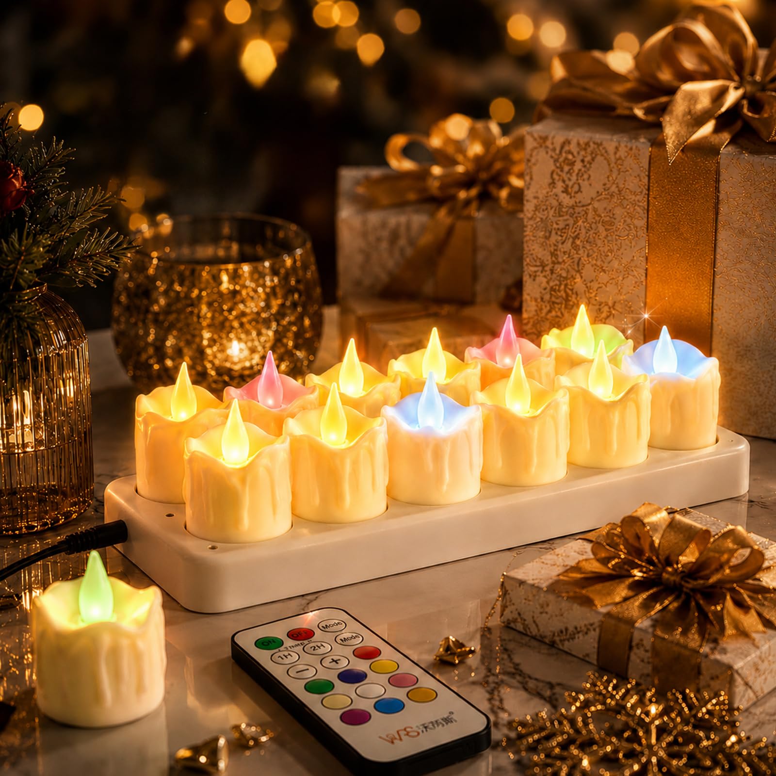 12 Stück Wiederaufladbare Teelichter Flackernd mit Fernbedienung und Timerfunktion, LED Kerzen mit Ladestation für Party Zimmer Wohnzimmer Halloween Weihnachten Deko